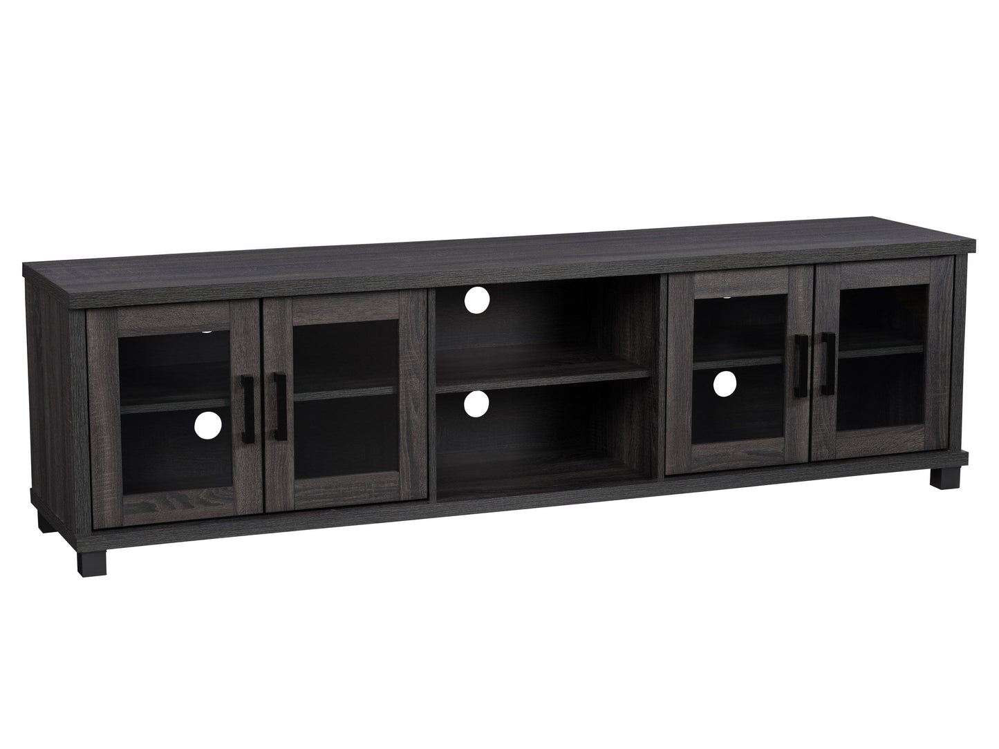 Dark grey TV stand for TVs up to 95 inches, featuring a sleek modern design, sturdy wooden construction, and ample storage with open shelves and closed cabinets. Ideal for contemporary living rooms.
