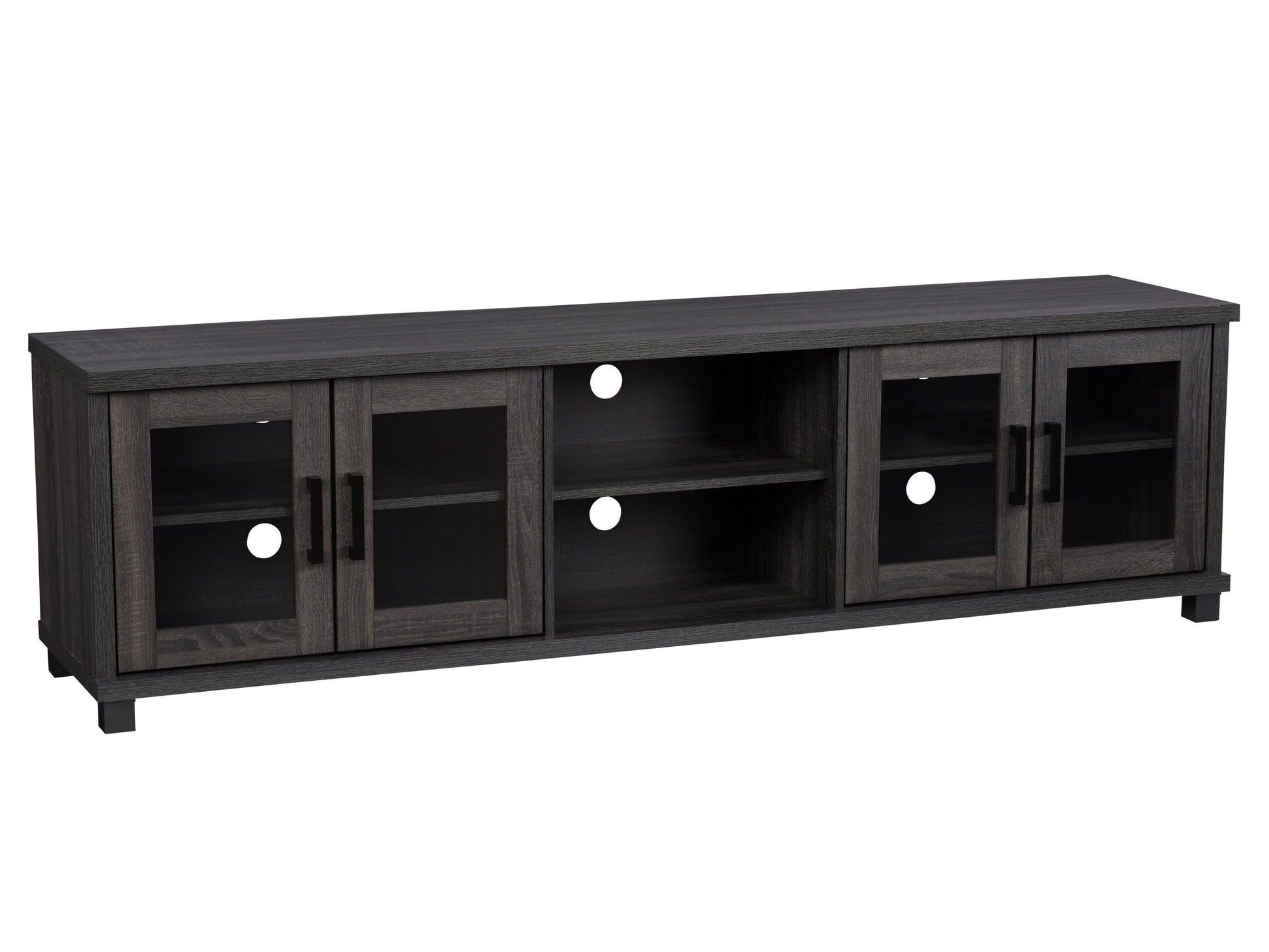 Dark grey TV stand for TVs up to 95 inches, featuring a sleek modern design, sturdy wooden construction, and ample storage with open shelves and closed cabinets. Ideal for contemporary living rooms.