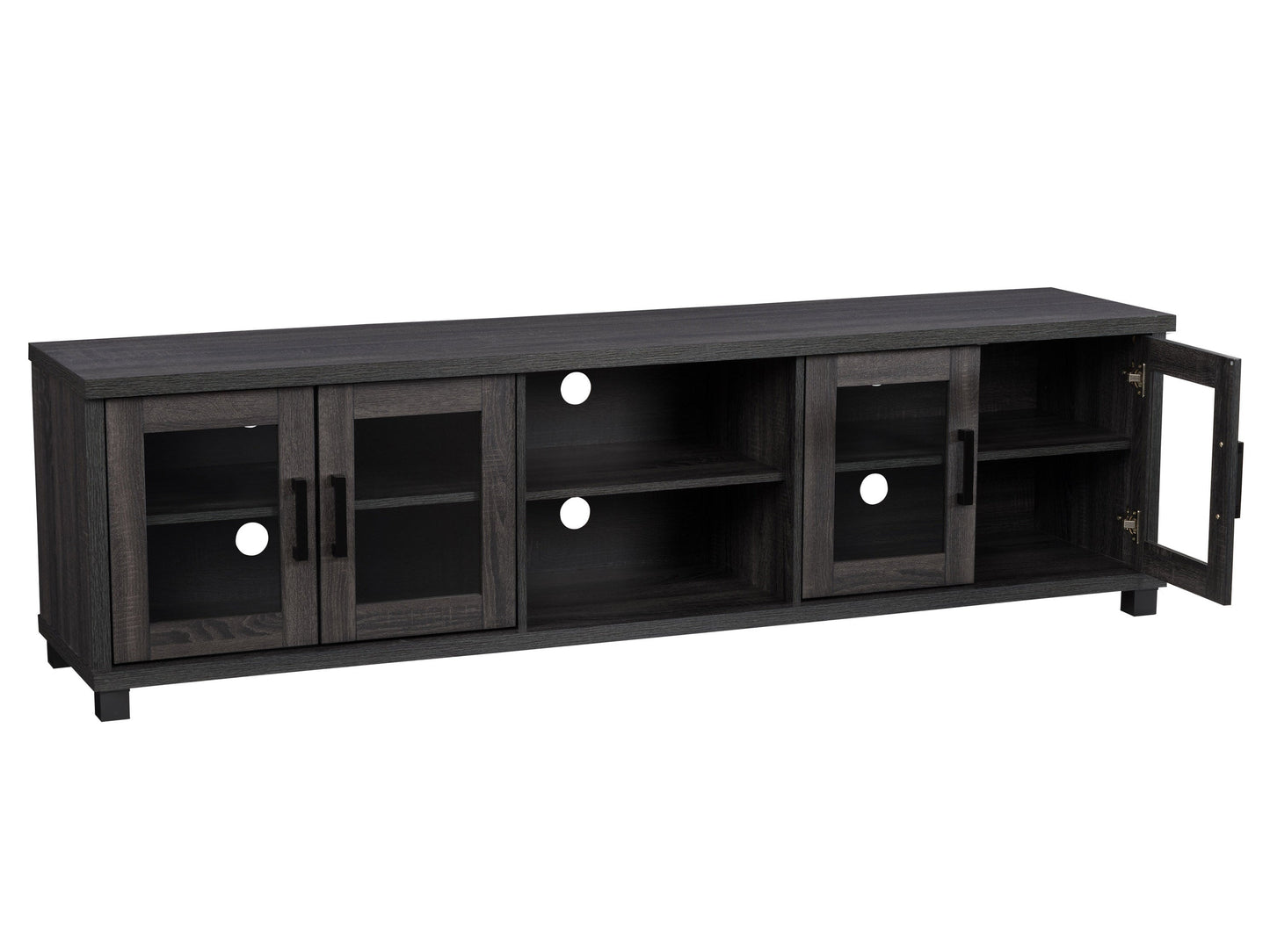 Dark grey TV stand for TVs up to 95 inches, featuring a sleek modern design, sturdy wooden construction, and ample storage with open shelves and closed cabinets. Ideal for contemporary living rooms.