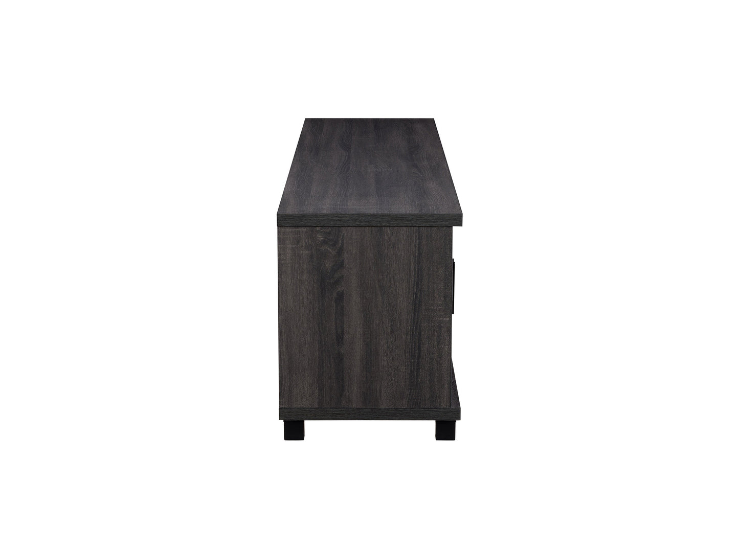Dark grey TV stand for TVs up to 95 inches, featuring a sleek modern design, sturdy wooden construction, and ample storage with open shelves and closed cabinets. Ideal for contemporary living rooms.
