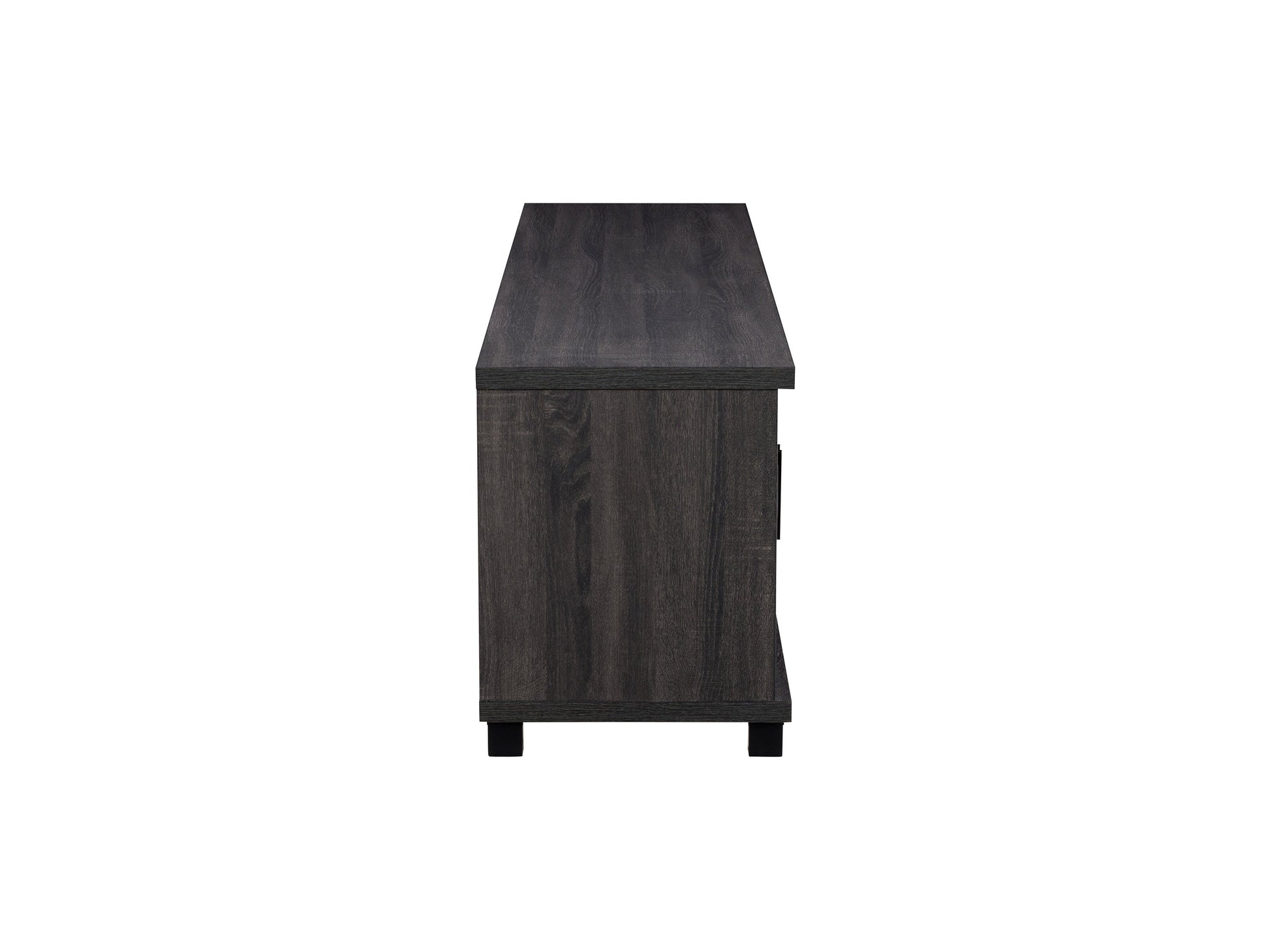 Dark grey TV stand for TVs up to 95 inches, featuring a sleek modern design, sturdy wooden construction, and ample storage with open shelves and closed cabinets. Ideal for contemporary living rooms.