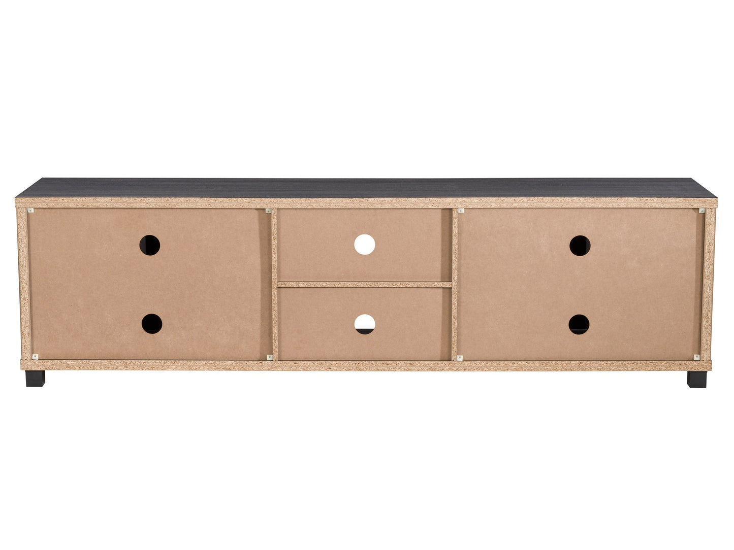 Dark grey TV stand for TVs up to 95 inches, featuring a sleek modern design, sturdy wooden construction, and ample storage with open shelves and closed cabinets. Ideal for contemporary living rooms.