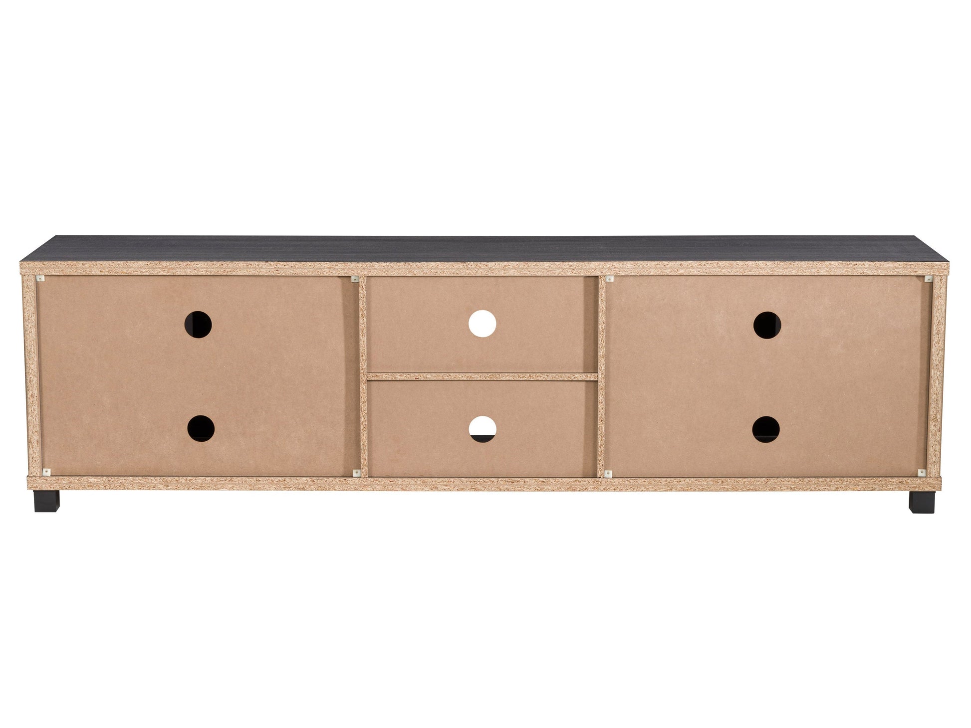 Dark grey TV stand for TVs up to 95 inches, featuring a sleek modern design, sturdy wooden construction, and ample storage with open shelves and closed cabinets. Ideal for contemporary living rooms.