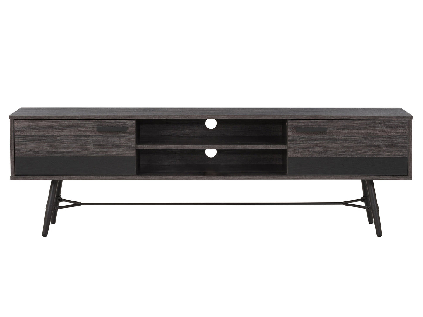 Mid-century modern TV stand for TVs up to 85 inches, featuring a walnut wood finish, sleek black metal legs, two sliding doors, and open shelving for media storage.