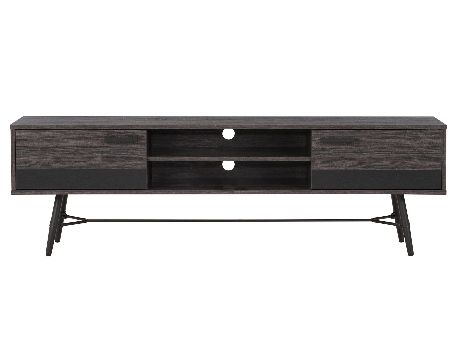 Mid-century modern TV stand for TVs up to 85 inches, featuring a walnut wood finish, sleek black metal legs, two sliding doors, and open shelving for media storage.