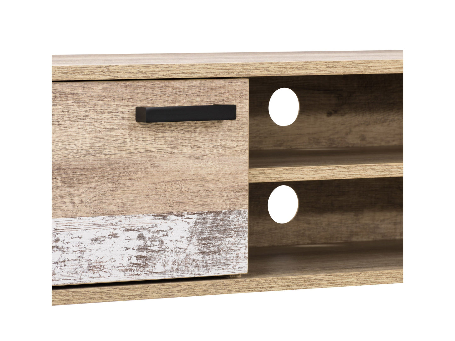 Mid-century modern TV stand in walnut finish with sleek lines, open shelving, and black metal legs, designed to hold TVs up to 85 inches.