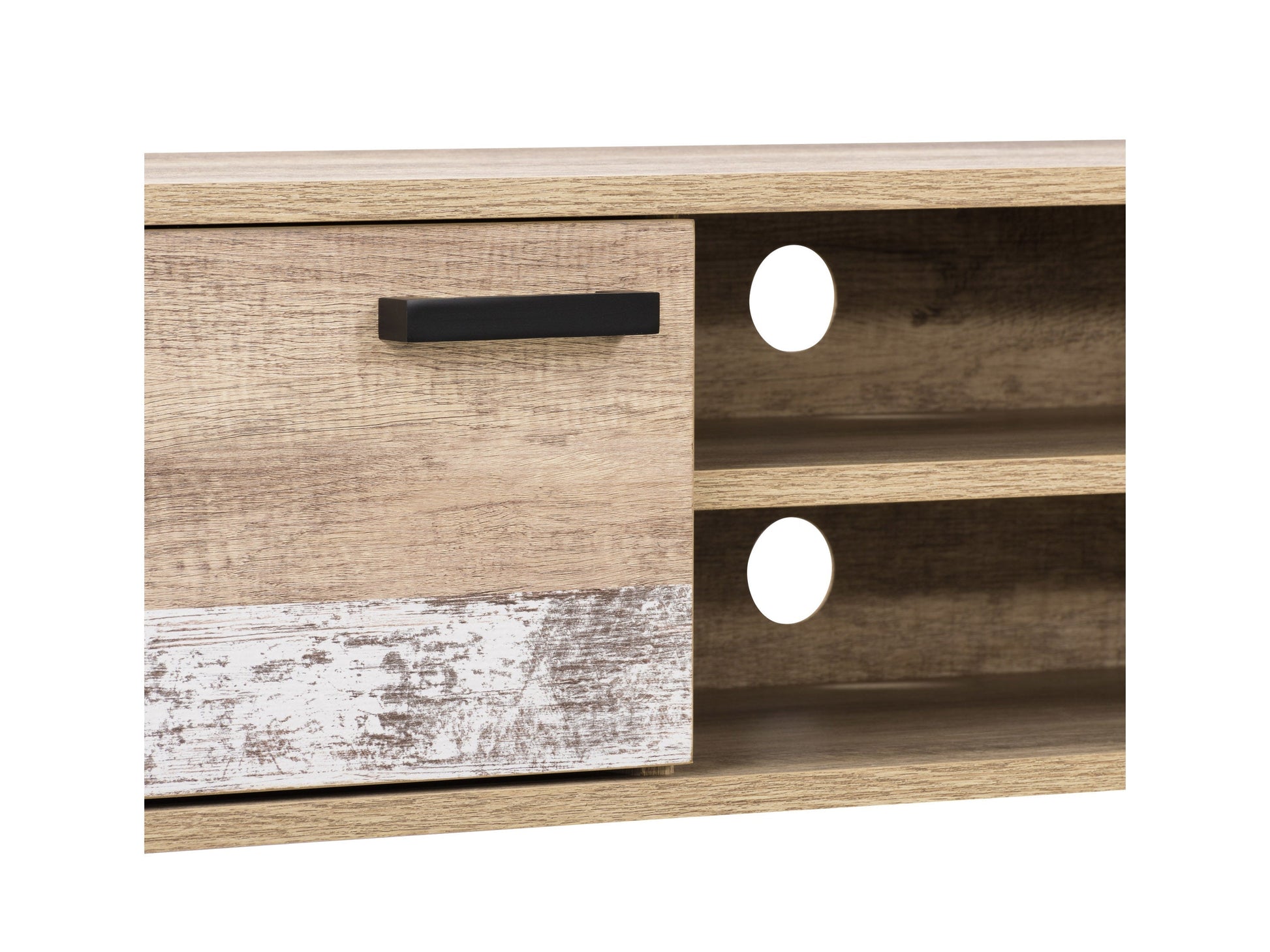 Mid-century modern TV stand in walnut finish with sleek lines, open shelving, and black metal legs, designed to hold TVs up to 85 inches.