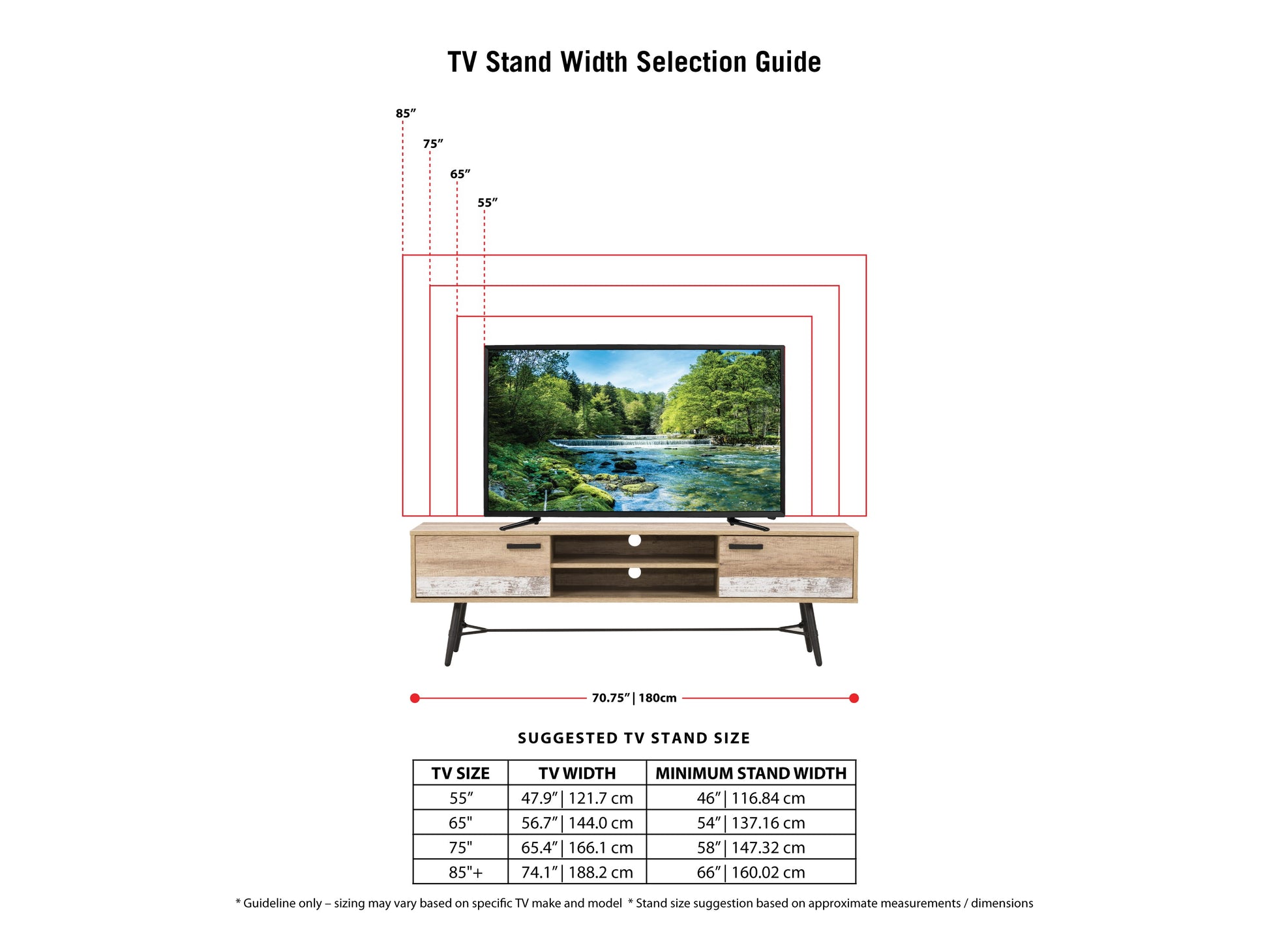 Mid-century modern TV stand for TVs up to 85 inches, featuring walnut finish, sleek black metal legs, and ample storage with open shelving and sliding doors. Ideal for stylish, functional living room decor.