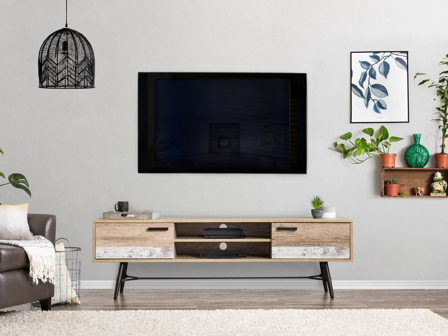 Mid-century modern TV stand for TVs up to 85 inches, featuring a sleek walnut finish, tapered legs, and ample storage with sliding doors and open shelves, perfect for stylish living room decor.