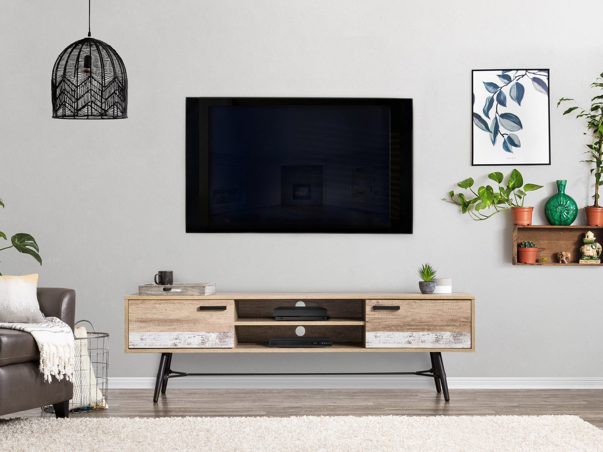 Mid-century modern TV stand for TVs up to 85 inches, featuring a sleek walnut finish, tapered legs, and ample storage with sliding doors and open shelves, perfect for stylish living room decor.