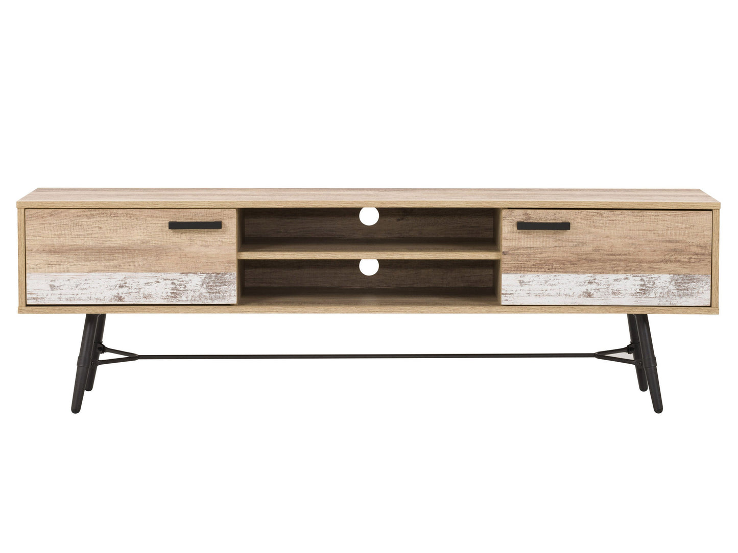 Mid-century modern TV stand for TVs up to 85 inches, featuring a sleek walnut finish, tapered legs, and sliding doors with a textured pattern for stylish storage.