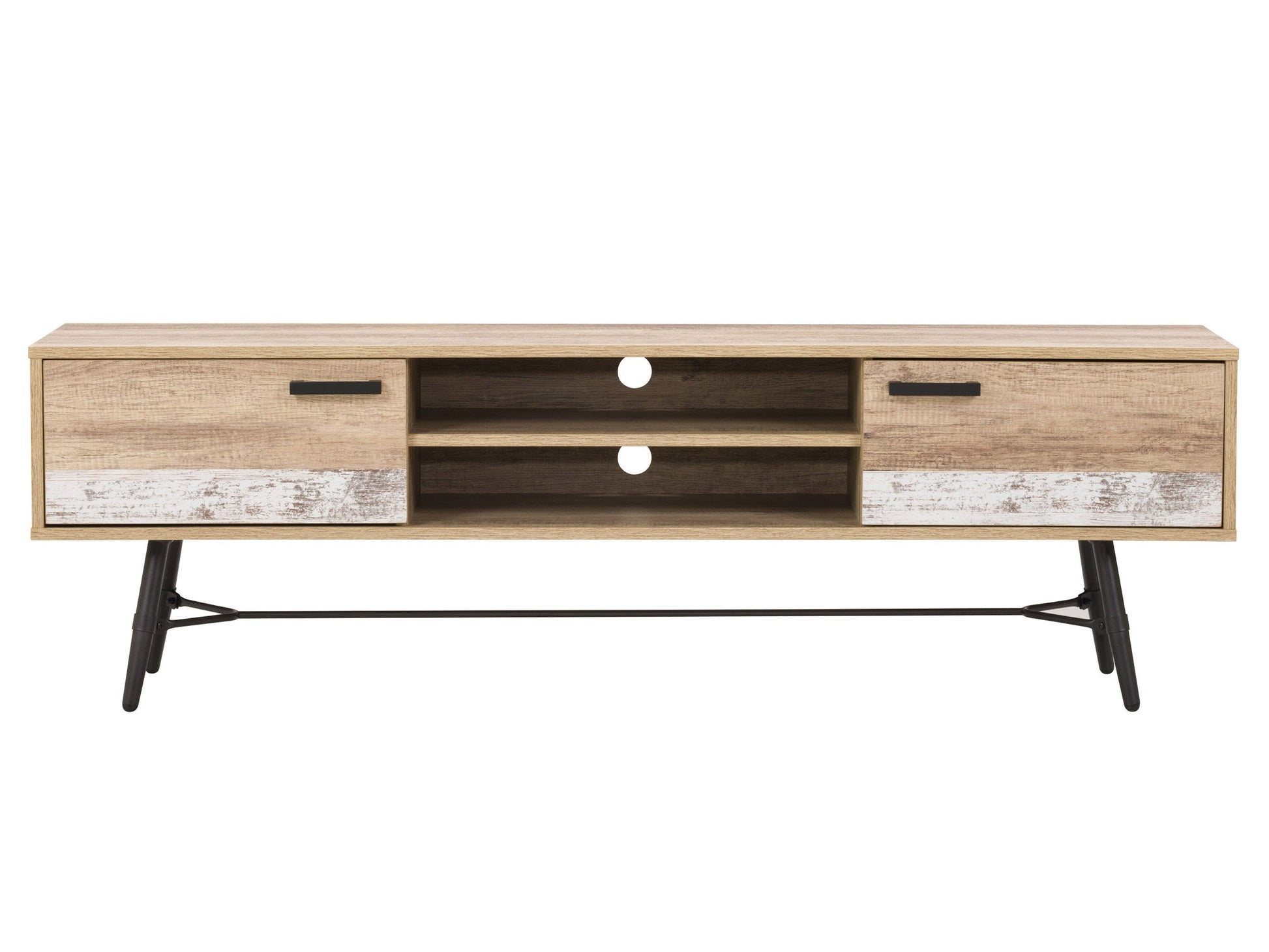 Mid-century modern TV stand for TVs up to 85 inches, featuring a sleek walnut finish, tapered legs, and sliding doors with a textured pattern for stylish storage.