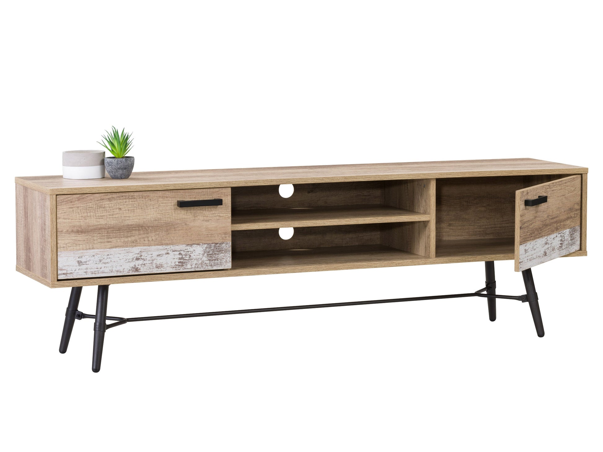 Mid-century modern TV stand with walnut finish, sleek lines, and tapered legs, designed for TVs up to 85 inches. Features open shelving, two sliding doors, and a minimalist aesthetic perfect for contemporary living rooms.