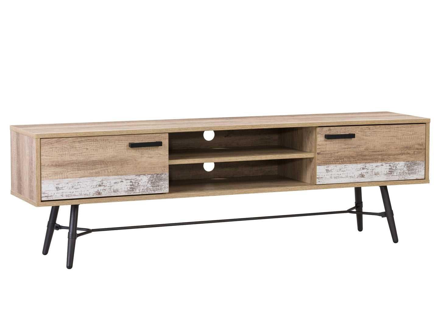 Mid-century modern TV stand in walnut finish with sleek design, tapered legs, open shelving, and storage cabinets, suitable for TVs up to 85 inches. Perfect for contemporary living rooms.