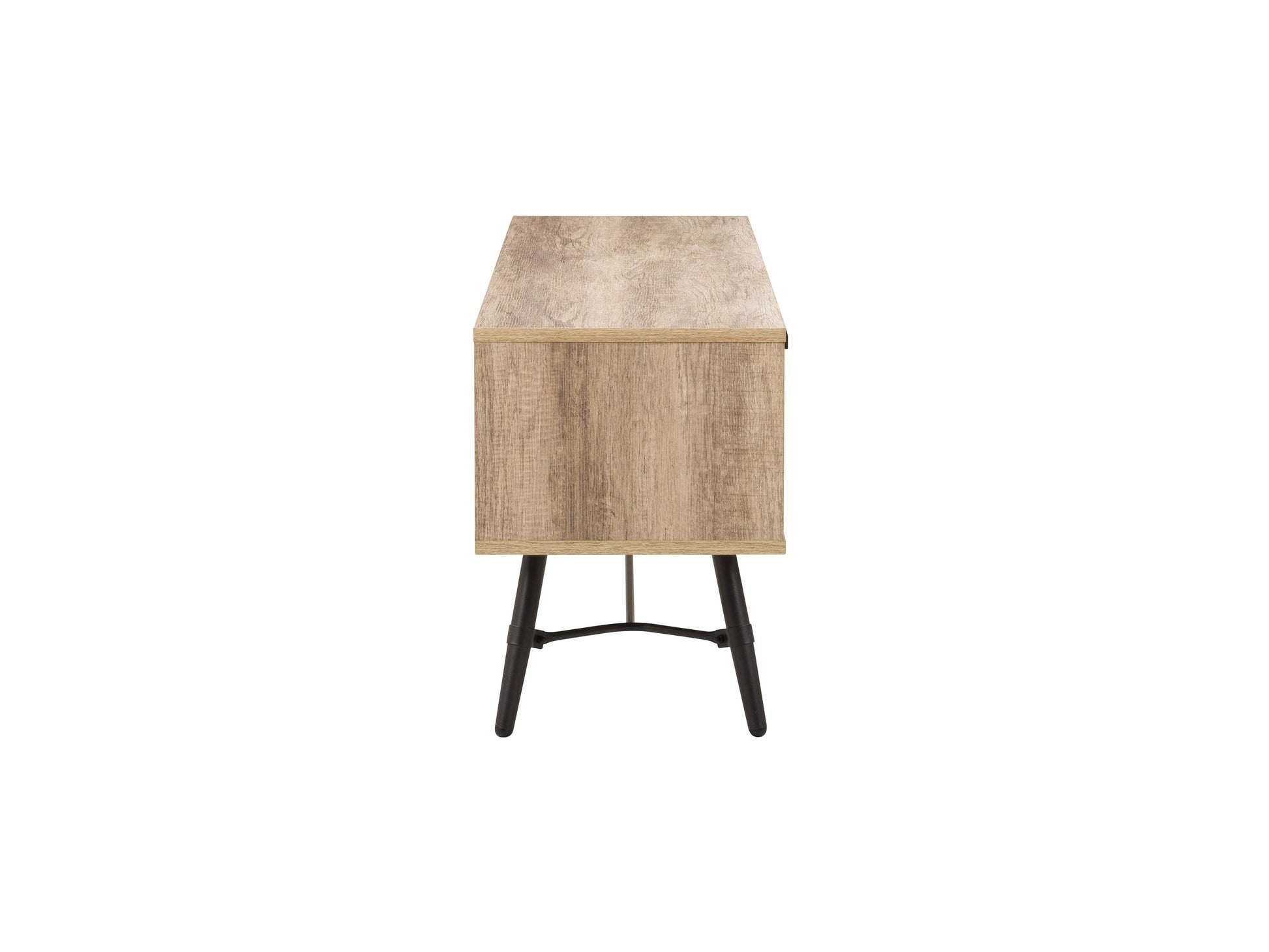 Mid-century modern TV stand for TVs up to 85", featuring a walnut finish, sliding doors, and open shelving for storage. Sleek design with tapered legs and clean lines, perfect for contemporary living rooms.