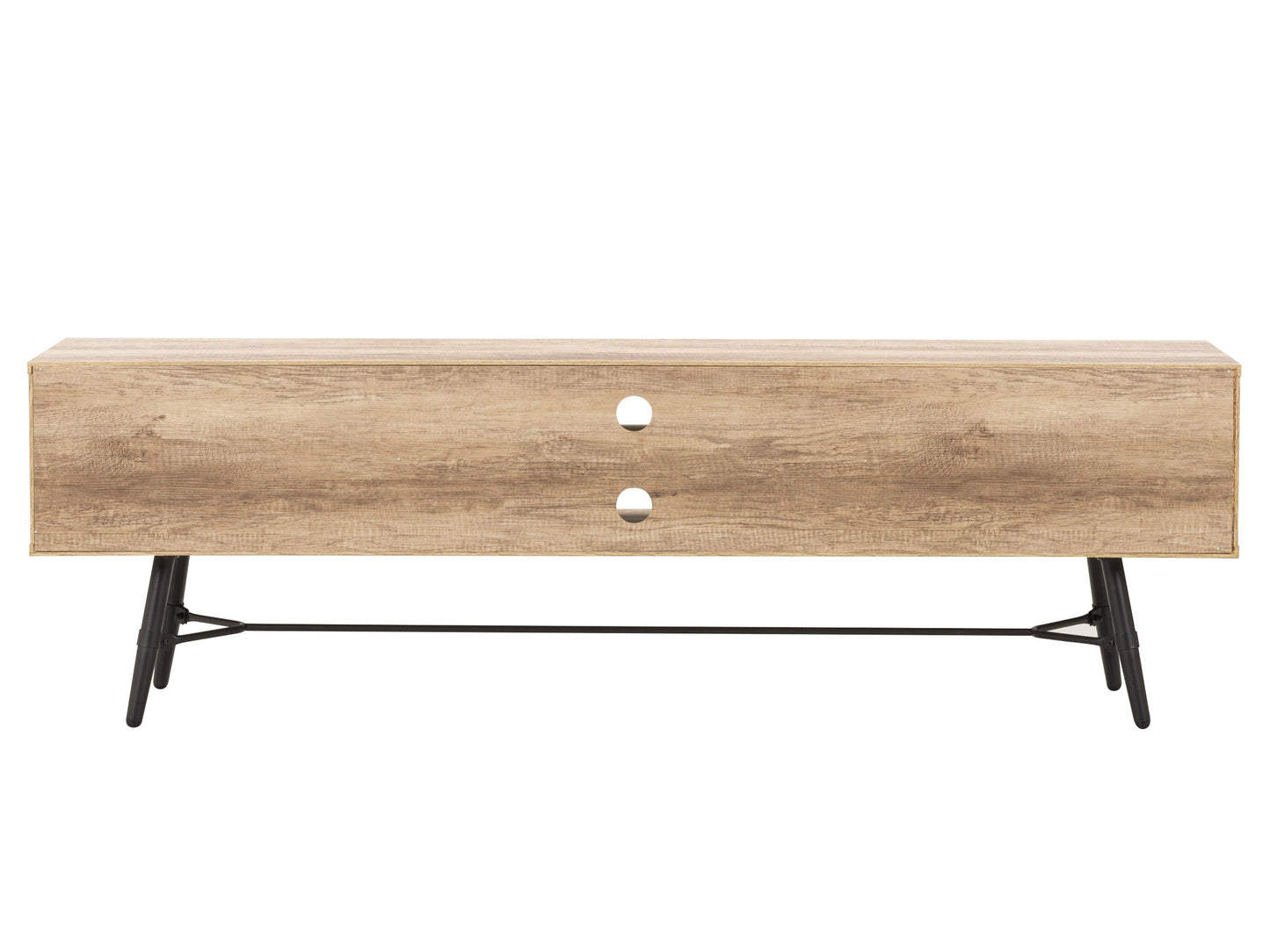 Mid-century modern TV stand for TVs up to 85 inches, featuring a sleek walnut finish, gold-tipped legs, and ample storage with sliding doors and open shelving.