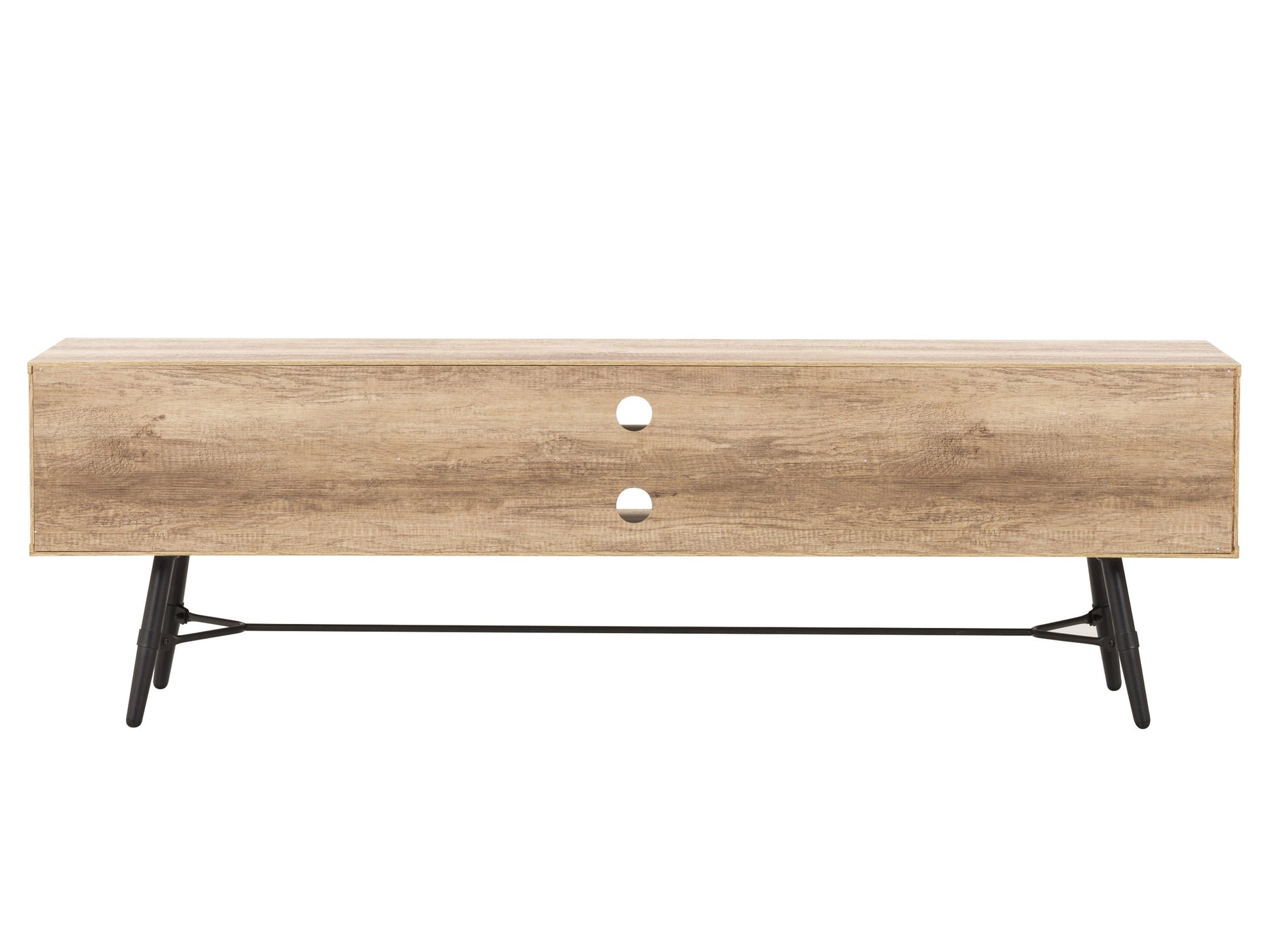 Mid-century modern TV stand for TVs up to 85 inches, featuring a sleek walnut finish, gold-tipped legs, and ample storage with sliding doors and open shelving.