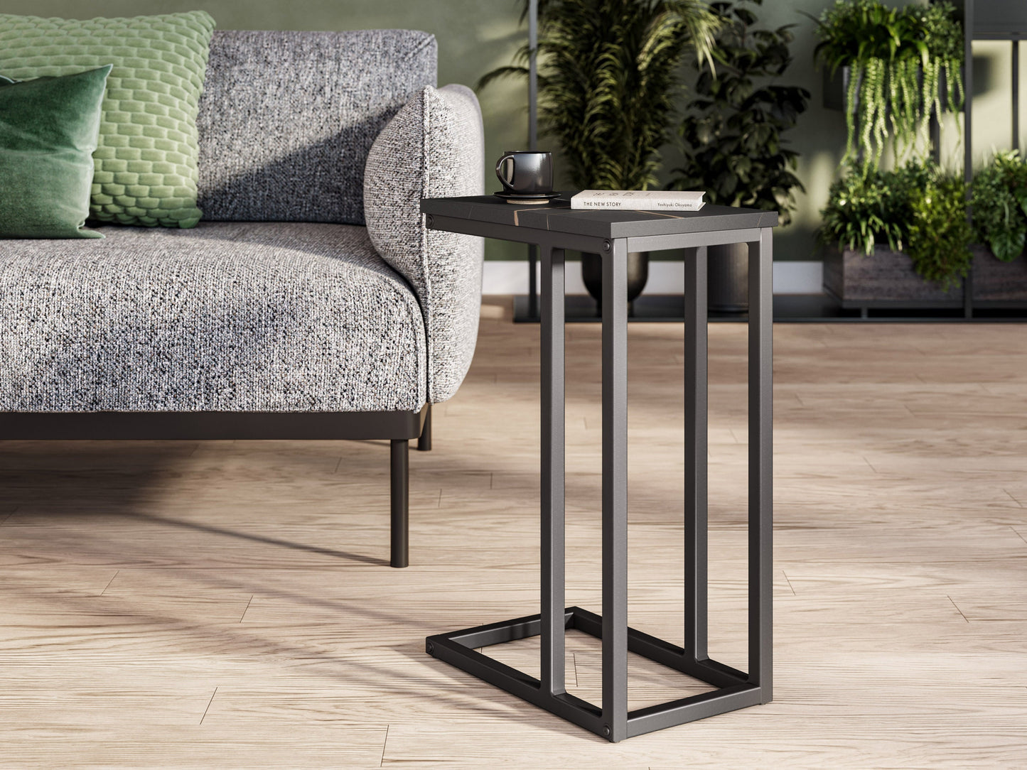 Black marble narrow side table with sleek gold metal legs, minimalist design, and smooth polished surface. Ideal for modern living rooms or bedrooms, adding elegance and functionality to small spaces.