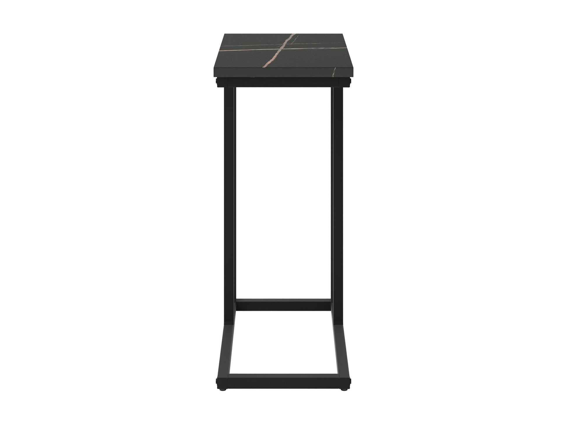 Black marble narrow side table with sleek gold metal legs, minimalist design, and smooth polished surface. Ideal for modern living rooms or bedrooms, adding elegance and functionality to small spaces.