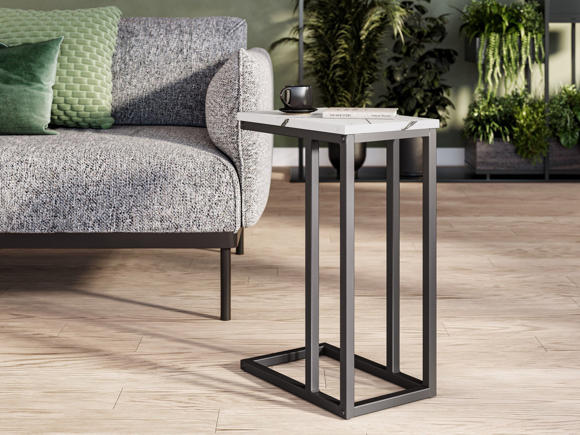 White marble narrow side table with gold metal legs, sleek modern design, rectangular top, perfect for small spaces or as an accent piece in living rooms or bedrooms.