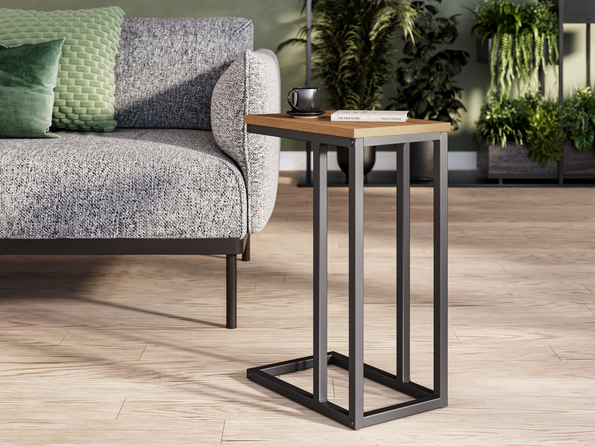 Brown wood narrow side table with minimalist design, featuring a smooth rectangular top, slender legs, and a lower shelf for additional storage. Perfect for small spaces and modern interiors.