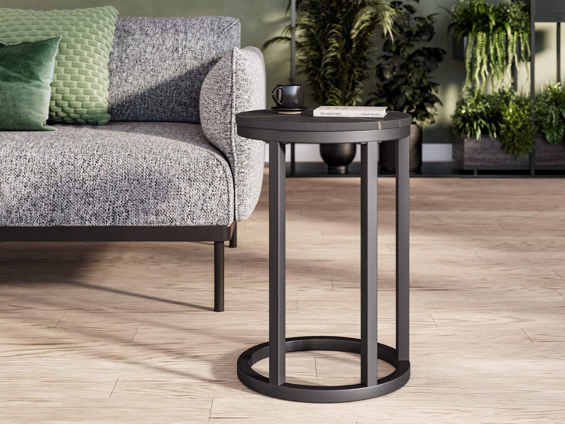 Black marble round side table with gold metal legs, sleek modern design, smooth marble texture, perfect for living room or bedroom decor, elegant and durable furniture piece.