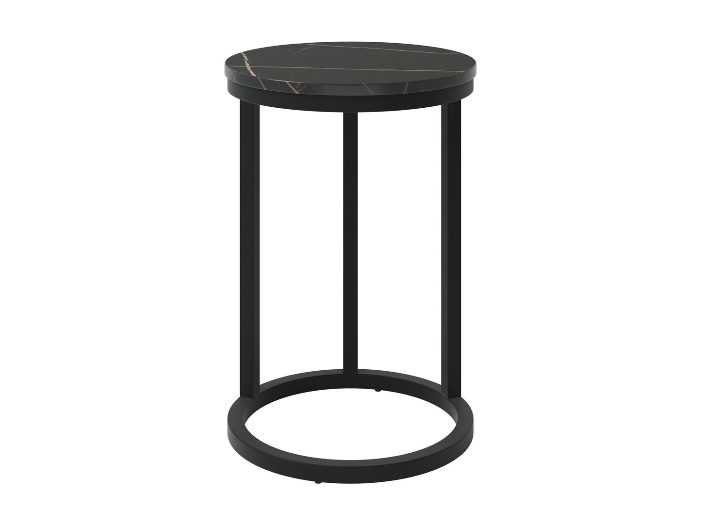 Black marble round side table with gold metal legs, sleek modern design, smooth marble texture, perfect for living room or bedroom decor, elegant and durable furniture piece.