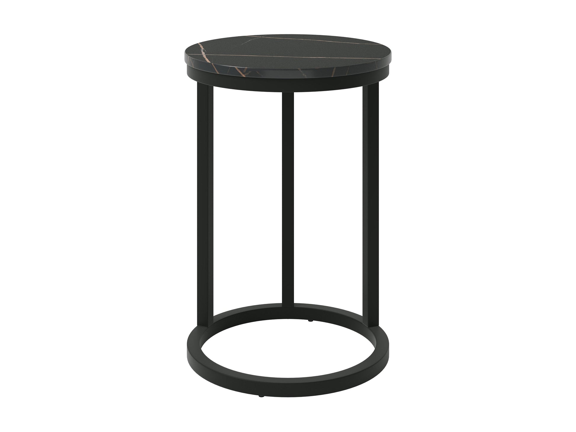 Black marble round side table with gold metal legs, sleek modern design, smooth marble texture, perfect for living room or bedroom decor, elegant and durable furniture piece.