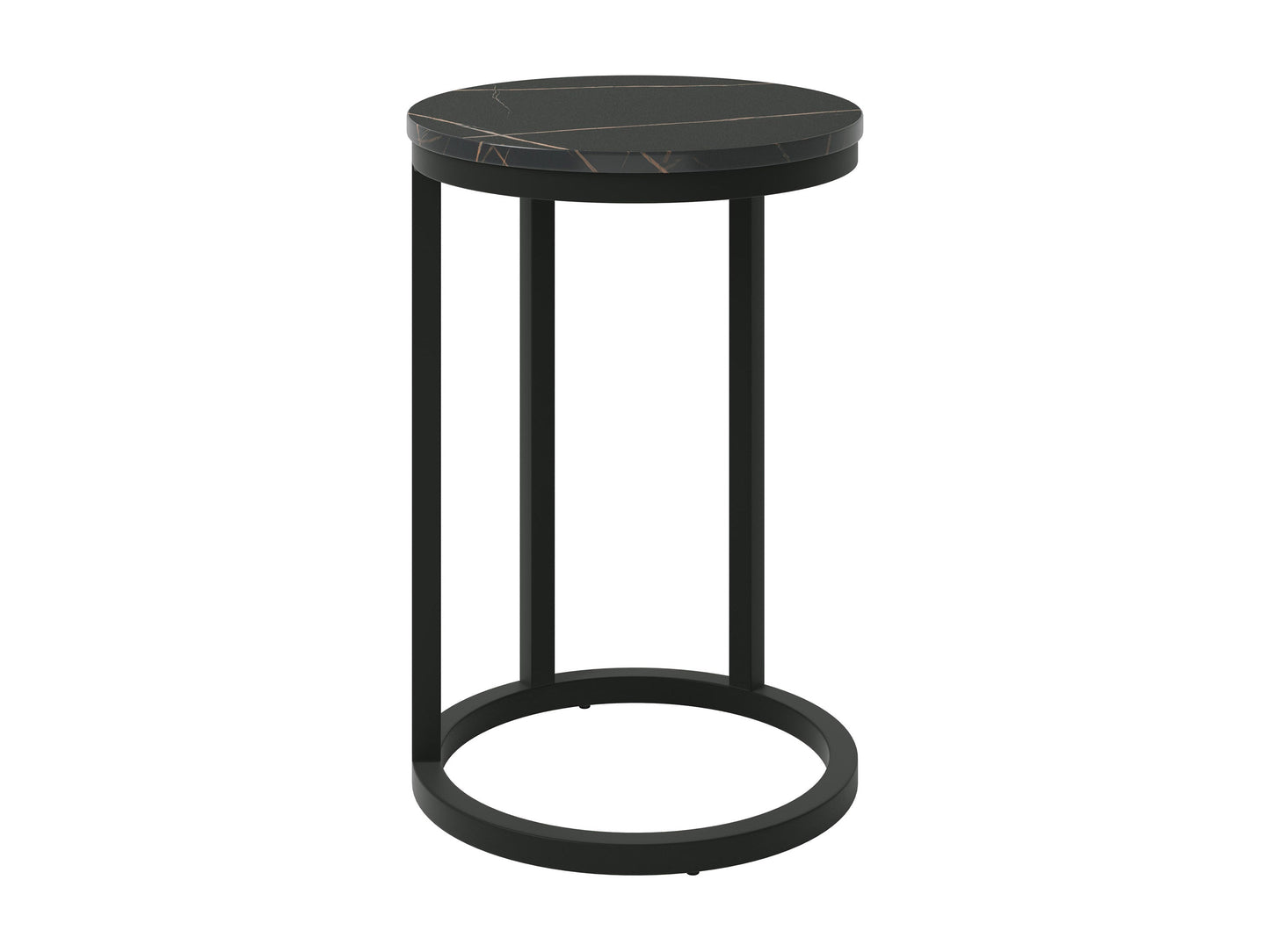 Black marble round side table with gold metal legs, sleek modern design, smooth marble texture, perfect for living room or bedroom decor, elegant and durable furniture piece.