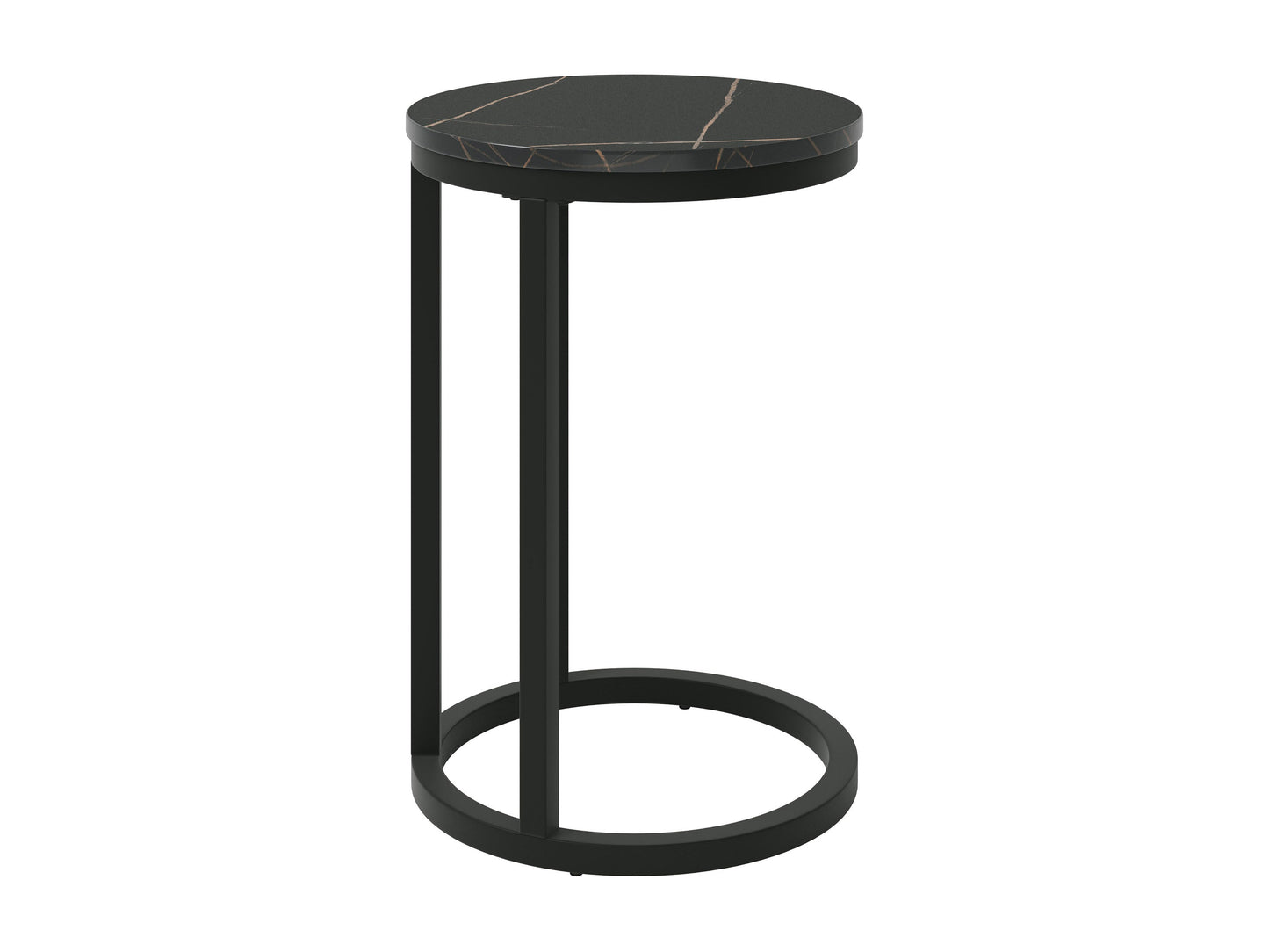 Black marble round side table with gold metal legs, sleek modern design, smooth marble texture, perfect for living room or bedroom decor, elegant and durable furniture piece.