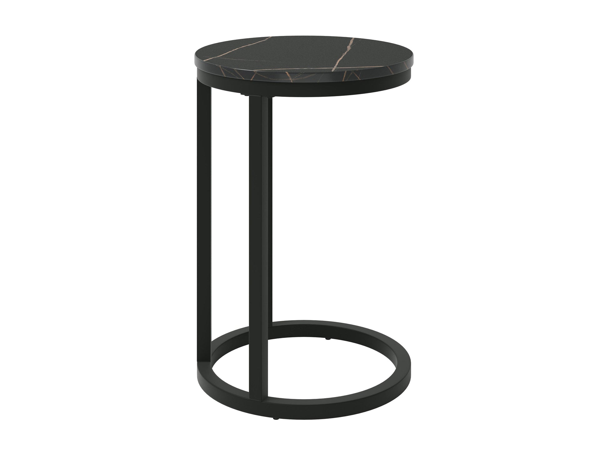 Black marble round side table with gold metal legs, sleek modern design, smooth marble texture, perfect for living room or bedroom decor, elegant and durable furniture piece.