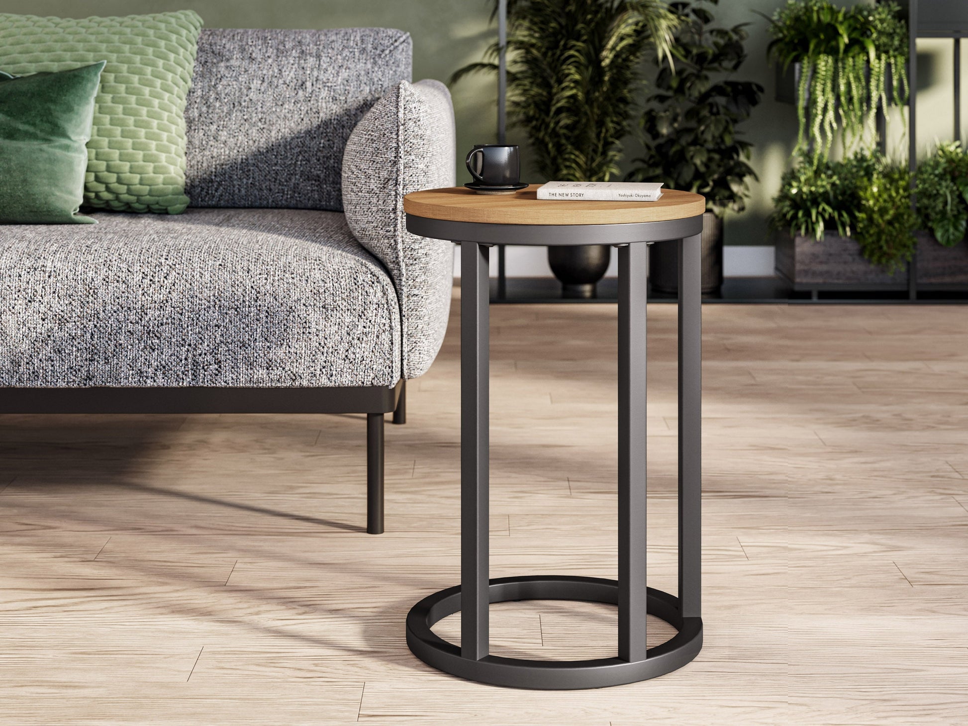 Brown wooden round side table with smooth finish, sturdy tripod legs, and minimalist design; perfect for living rooms or bedrooms.