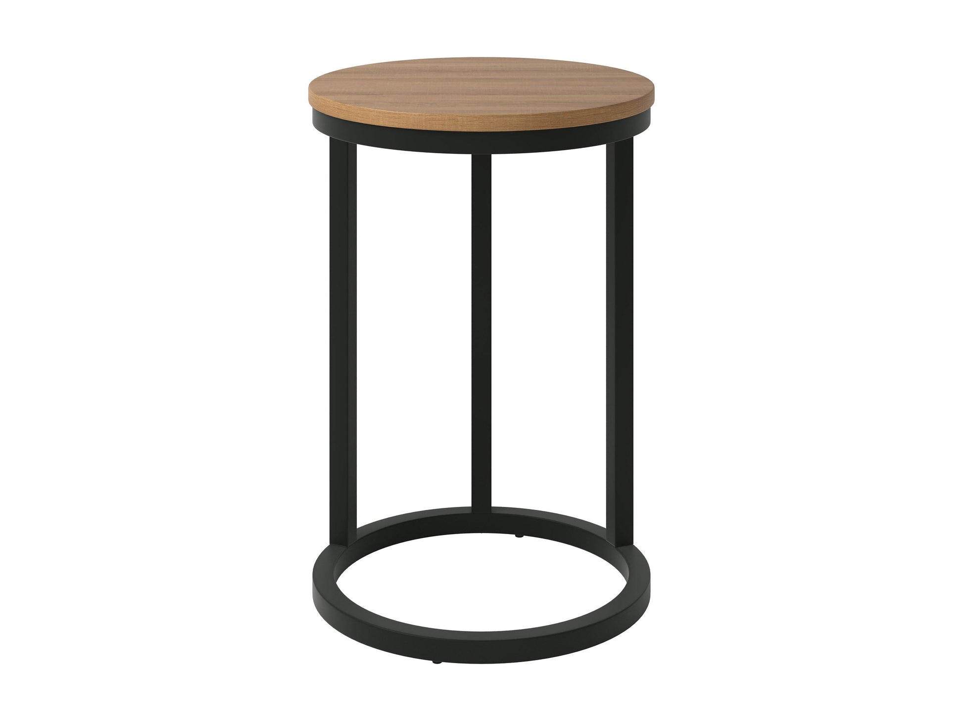 Brown wooden round side table with smooth finish, sturdy tripod legs, and minimalist design; perfect for living rooms or bedrooms.