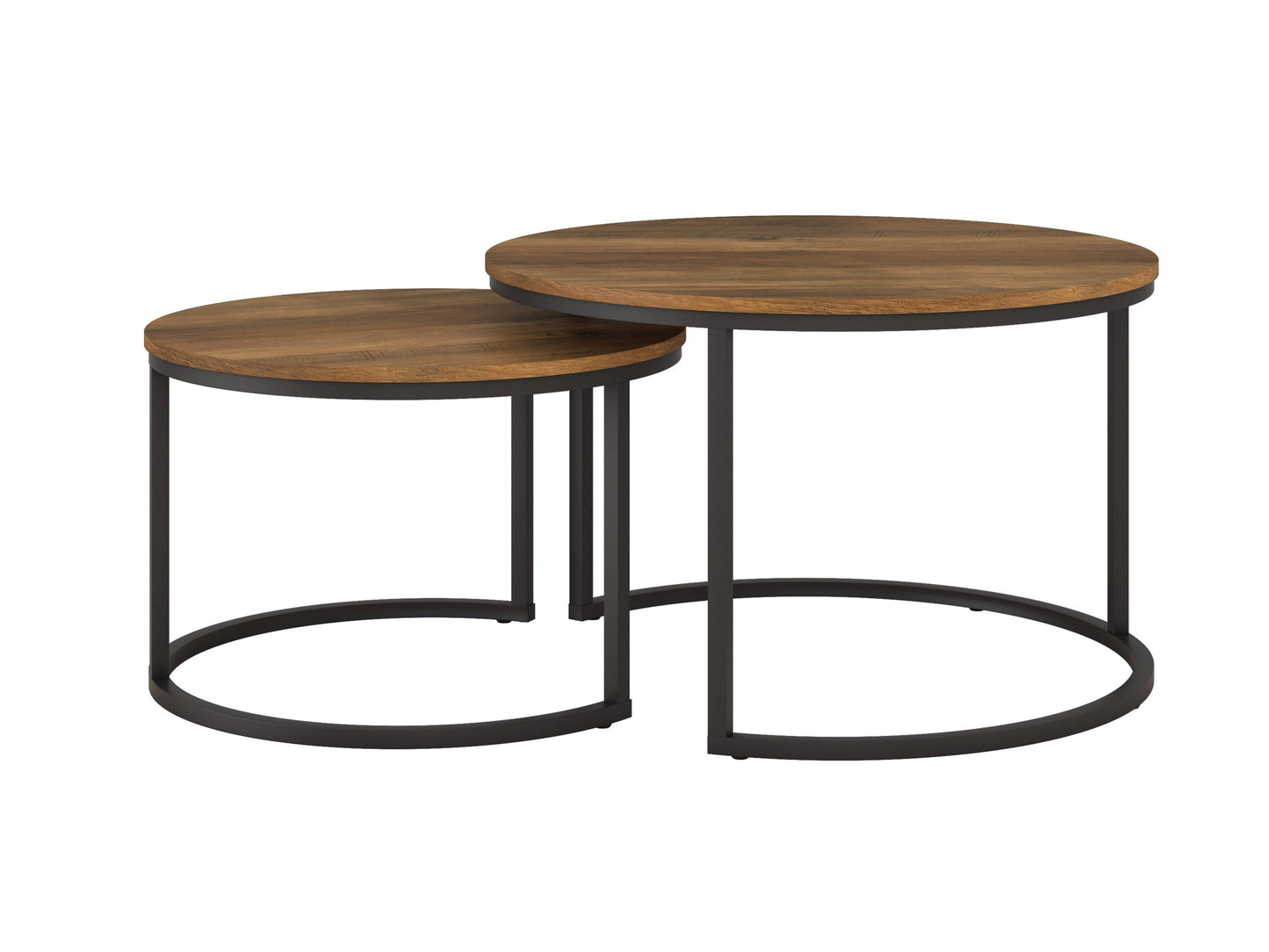 Round nesting coffee tables with brown wood tops, black metal legs, and a modern minimalist design. The larger table has a smooth surface, while the smaller table can be tucked underneath for space-saving versatility.