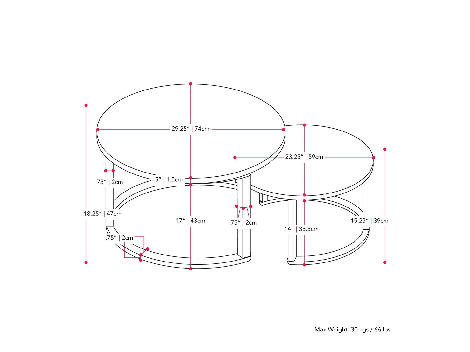 Light wood round nesting coffee tables with a smooth finish, featuring a minimalist design and sturdy metal legs. Ideal for modern living rooms, these space-saving tables can be used together or separately.
