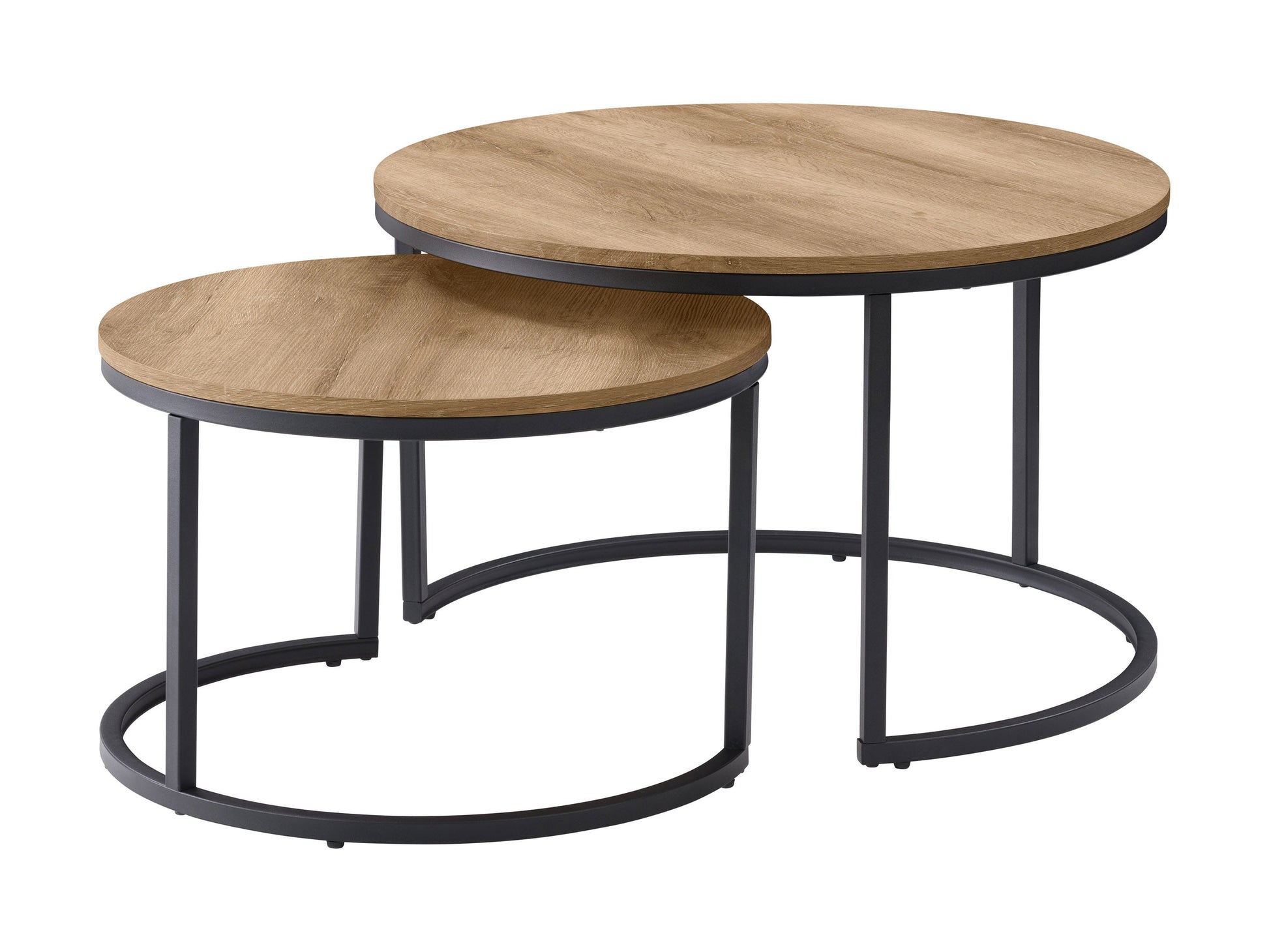 Light wood round nesting coffee tables with a smooth finish, featuring a minimalist design and sturdy metal legs. Ideal for modern living rooms, these space-saving tables can be used together or separately.