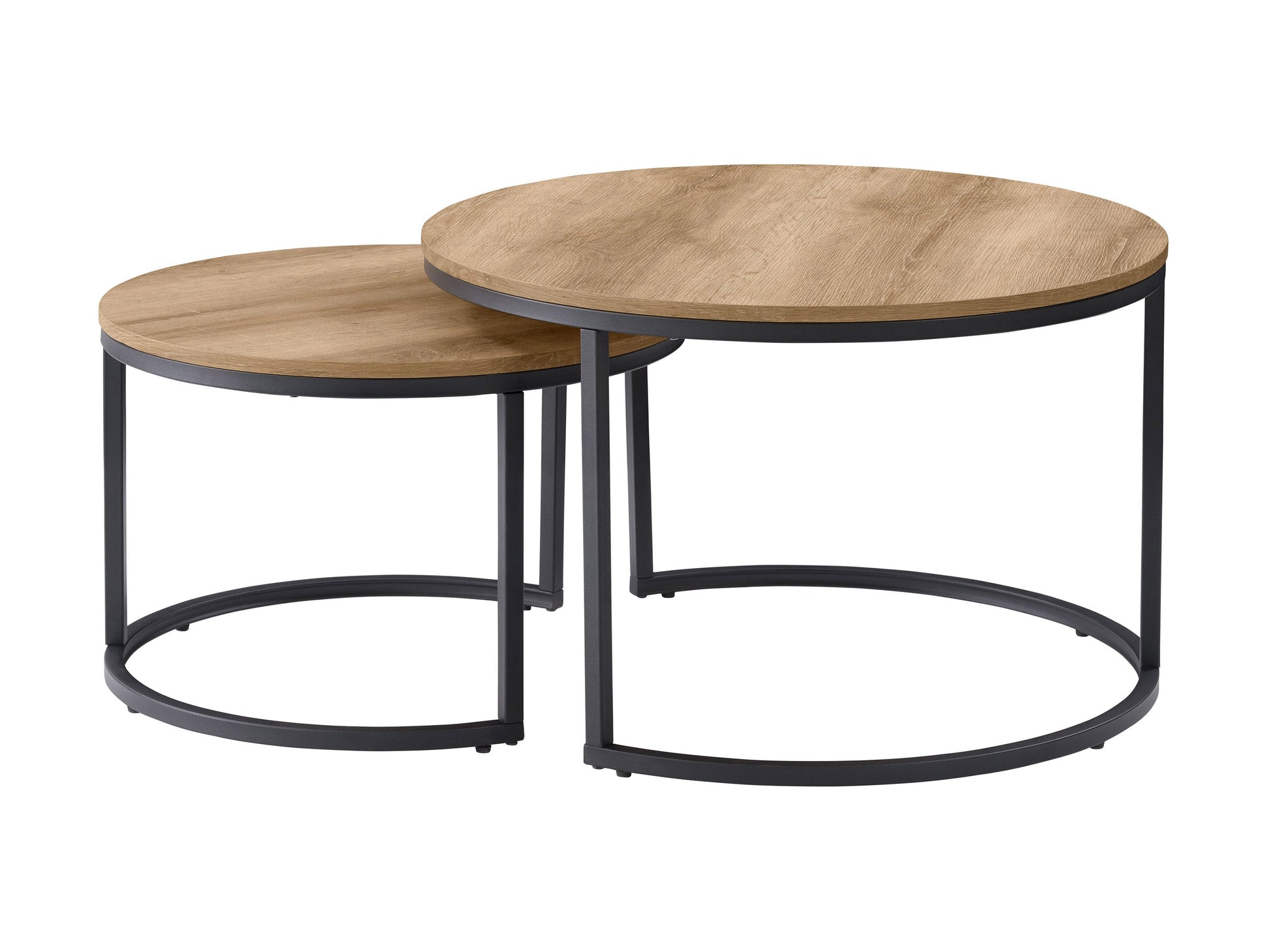 Light wood round nesting coffee tables with a smooth finish, featuring a minimalist design and sturdy metal legs. Ideal for modern living rooms, these space-saving tables can be used together or separately.