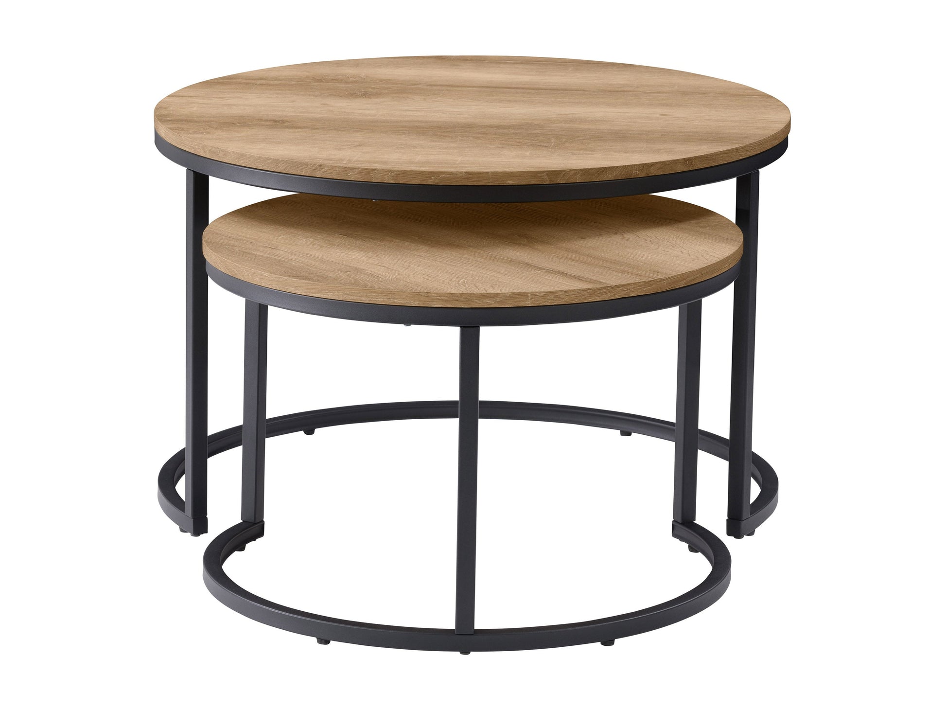 Light wood round nesting coffee tables with a smooth finish, featuring a minimalist design and sturdy metal legs. Ideal for modern living rooms, these space-saving tables can be used together or separately.