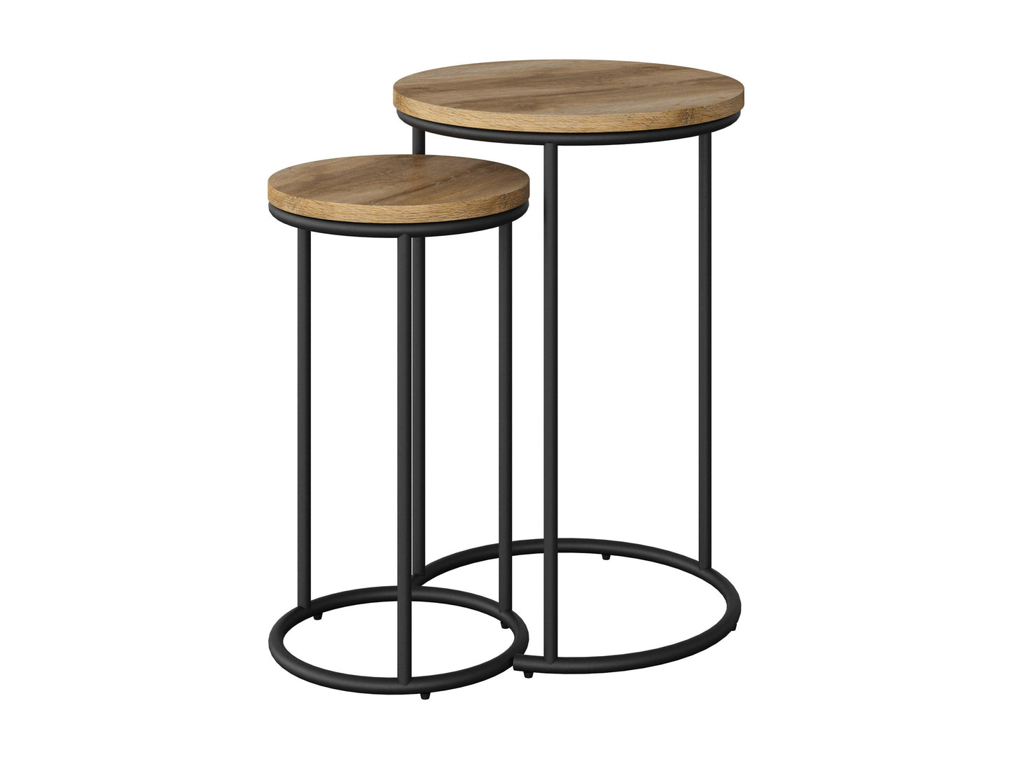 Light wood round nesting side tables with sleek black metal legs, minimalist design, smooth finish, and stackable functionality for space-saving versatility. Ideal for modern living rooms and small spaces.