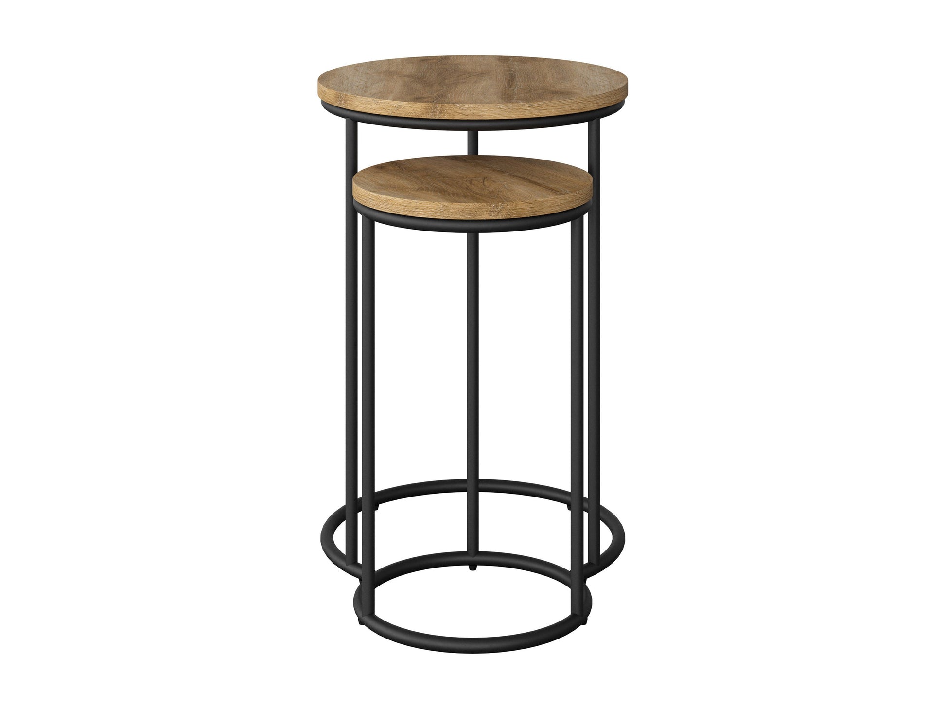 Light wood round nesting side tables with sleek black metal legs, minimalist design, smooth finish, and stackable functionality for space-saving versatility. Ideal for modern living rooms and small spaces.