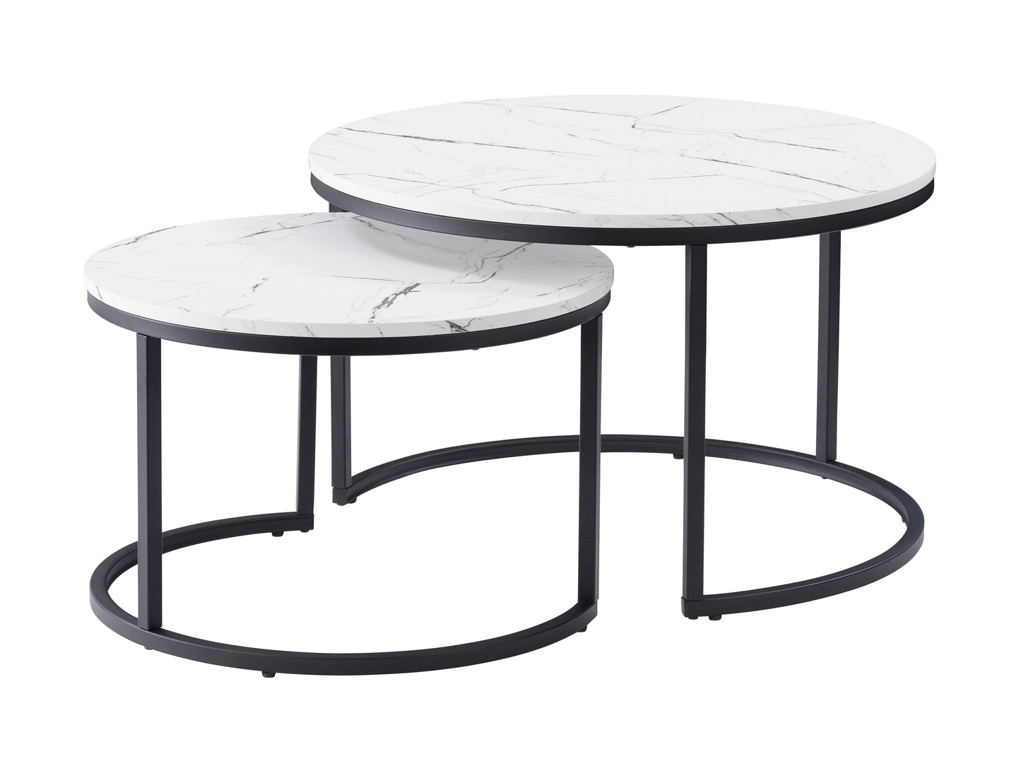 Round nesting coffee tables with white marble tops and gold metal frames, featuring a modern design and smooth surfaces, perfect for contemporary living rooms.