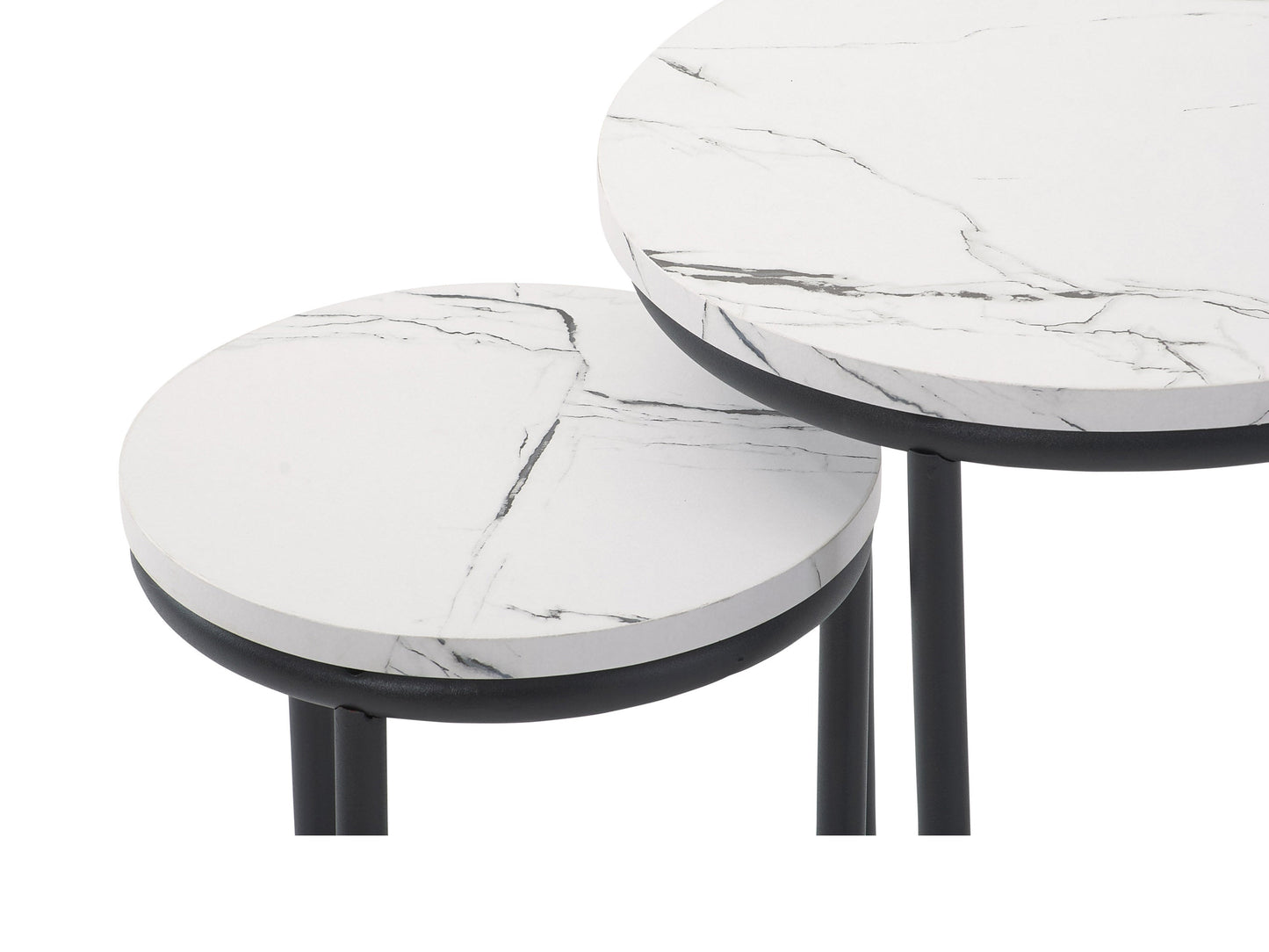 White marble round nesting side tables with gold metal frames, sleek modern design, and smooth polished surfaces, perfect for living room or bedroom decor.