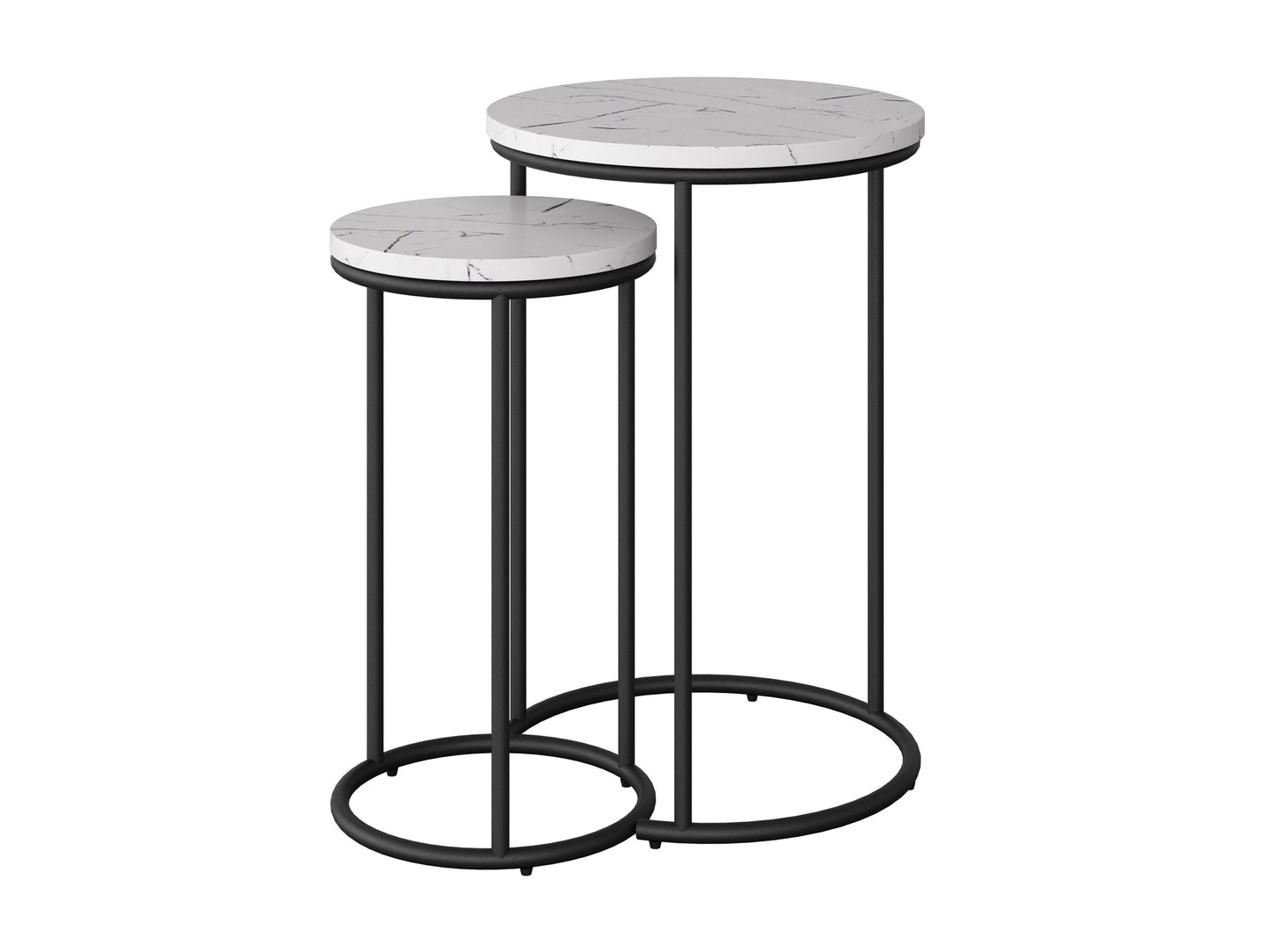 White marble round nesting side tables with gold metal frames, sleek modern design, and smooth polished surfaces, perfect for living room or bedroom decor.