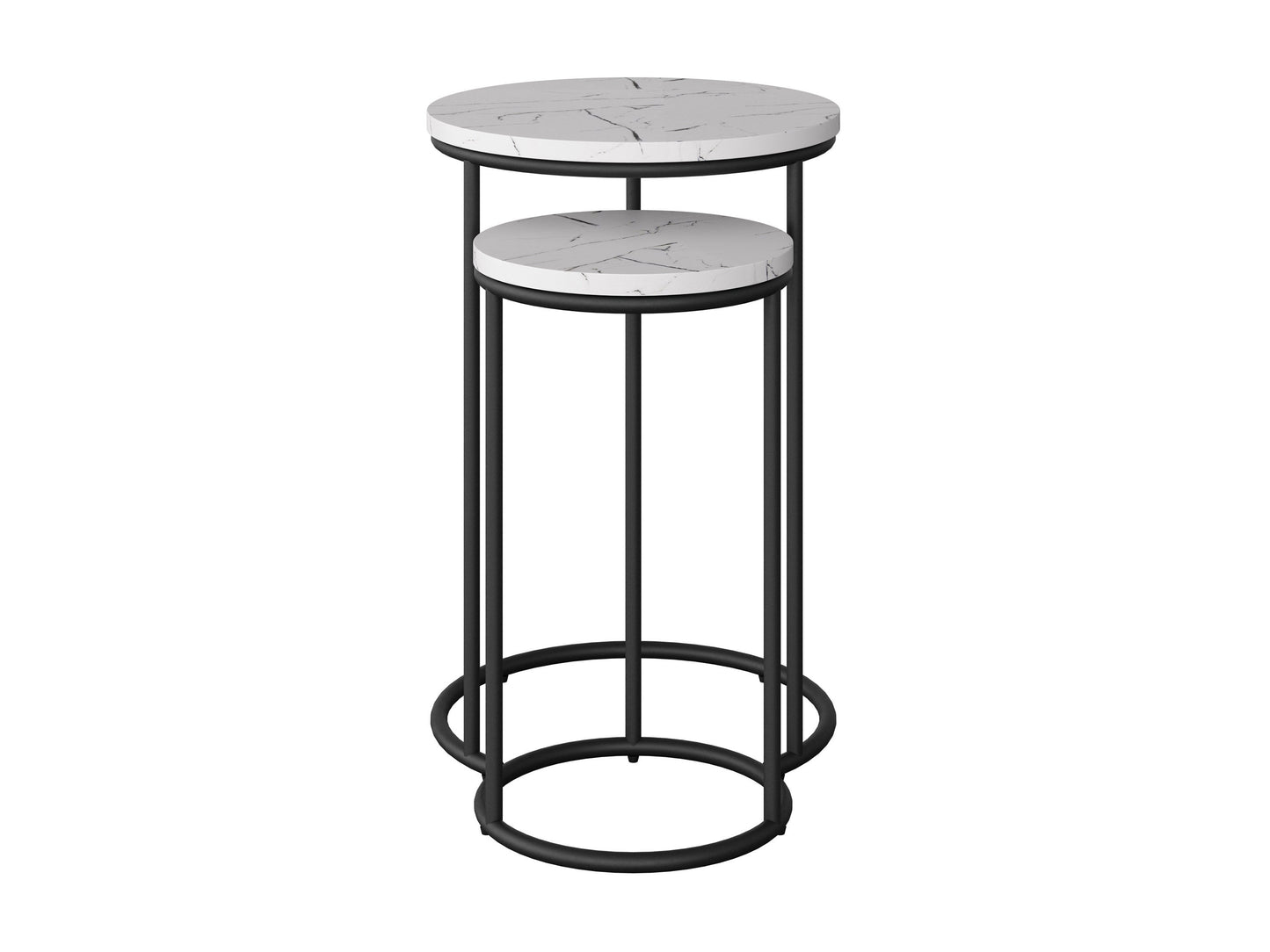 White marble round nesting side tables with gold metal frames, sleek modern design, and smooth polished surfaces, perfect for living room or bedroom decor.