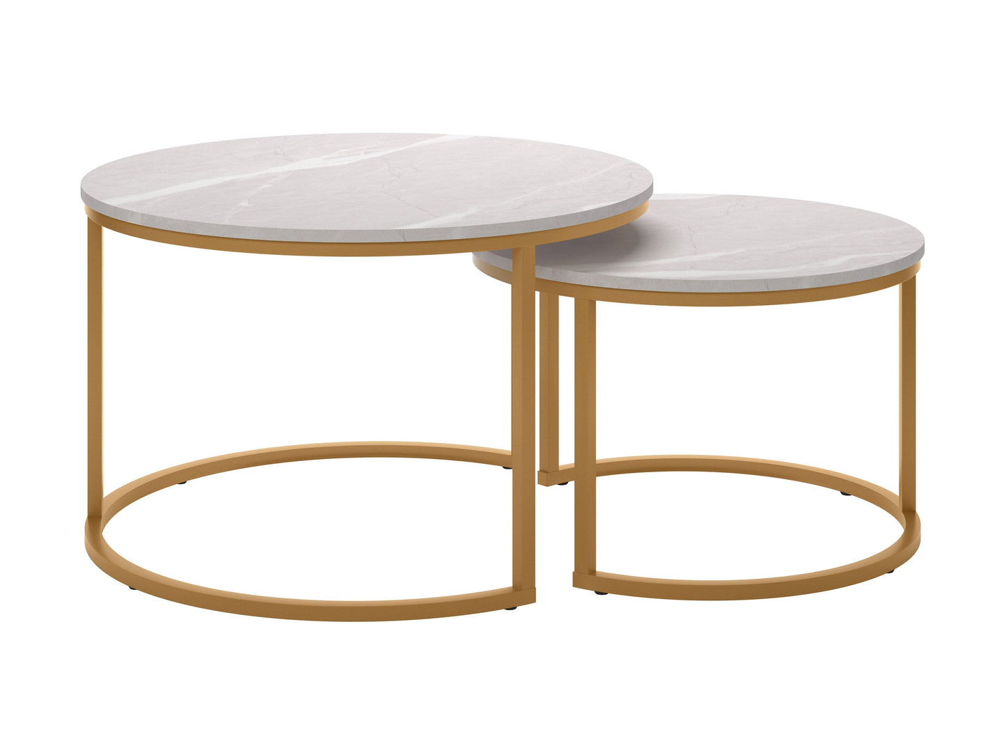 Round nesting coffee tables with white marble tops and gold metal frames, featuring a modern design and space-saving functionality. Perfect for contemporary living rooms seeking stylish, luxurious accents.