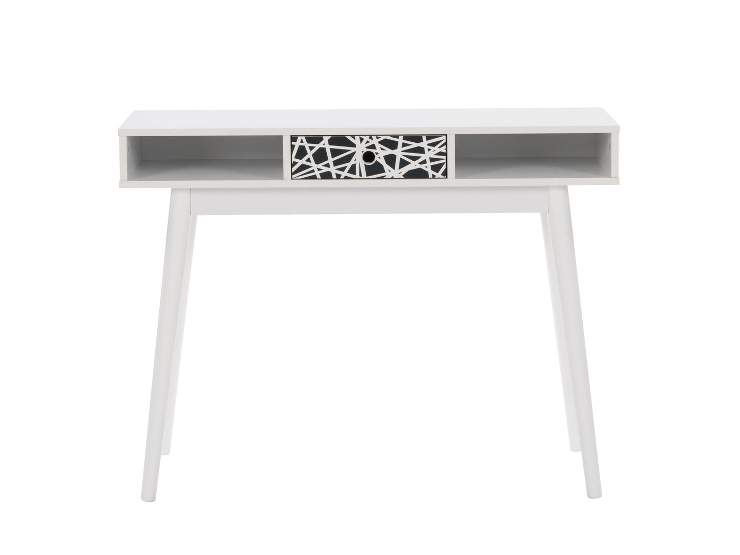 White and black mid-century modern desk with sleek lines, wooden legs, and minimalist design, featuring a smooth white top and black drawer for storage, perfect for home office or study.