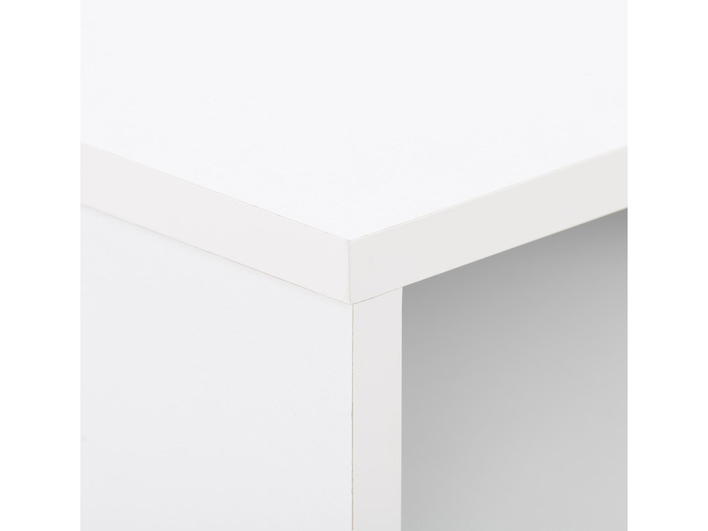 Mid-century modern white desk with sleek wooden legs, minimalist design, smooth white surface, and built-in drawer for storage. Ideal for home office or study, blending style and functionality.