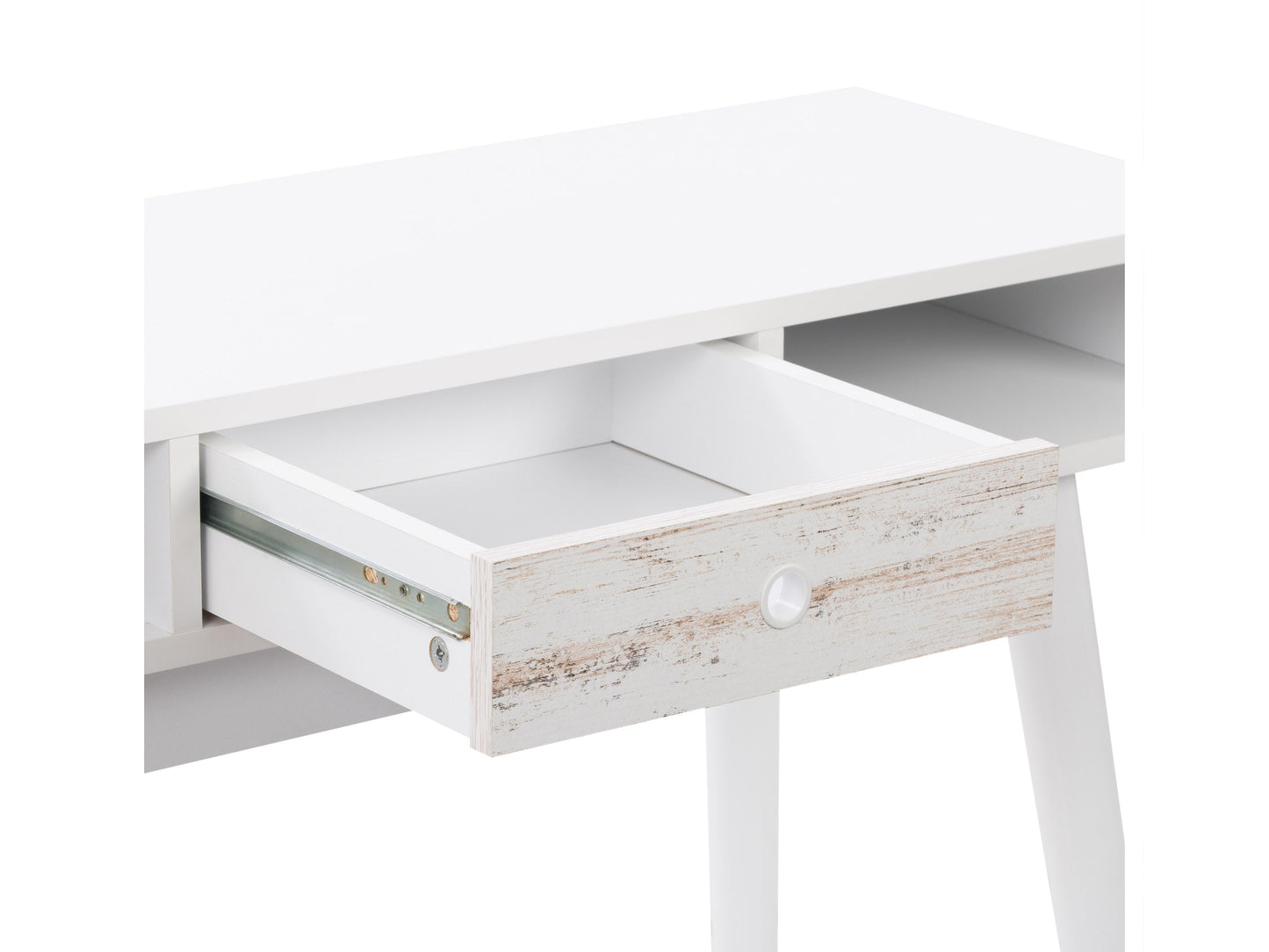 Mid-century modern white desk with sleek wooden legs, minimalist design, smooth white surface, and built-in drawer for storage. Ideal for home office or study, blending style and functionality.