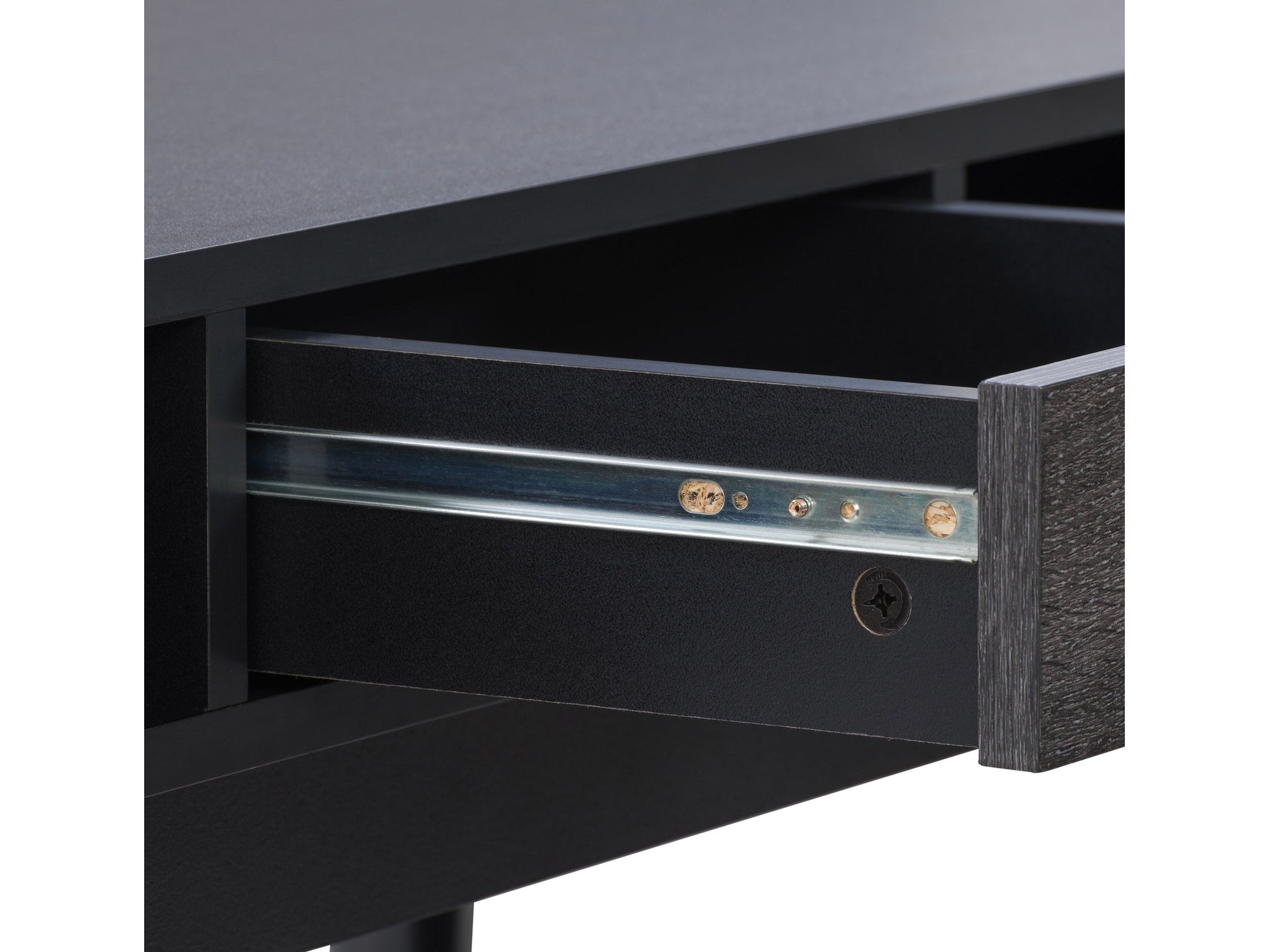 Mid-century black desk with sleek lines, wooden legs, and a smooth matte finish. Features two spacious drawers with minimalist handles, ideal for modern home offices or study spaces.