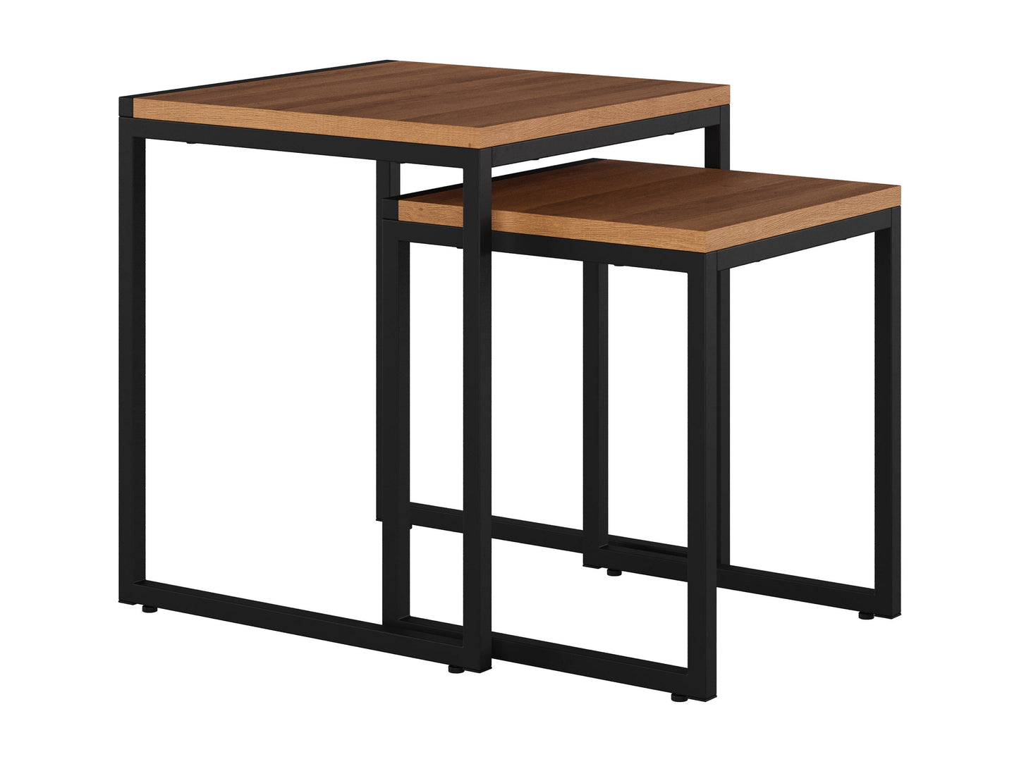 Brown wood square nesting side tables with sleek design, natural wood grain finish, and sturdy metal legs, perfect for modern living rooms or bedrooms.
